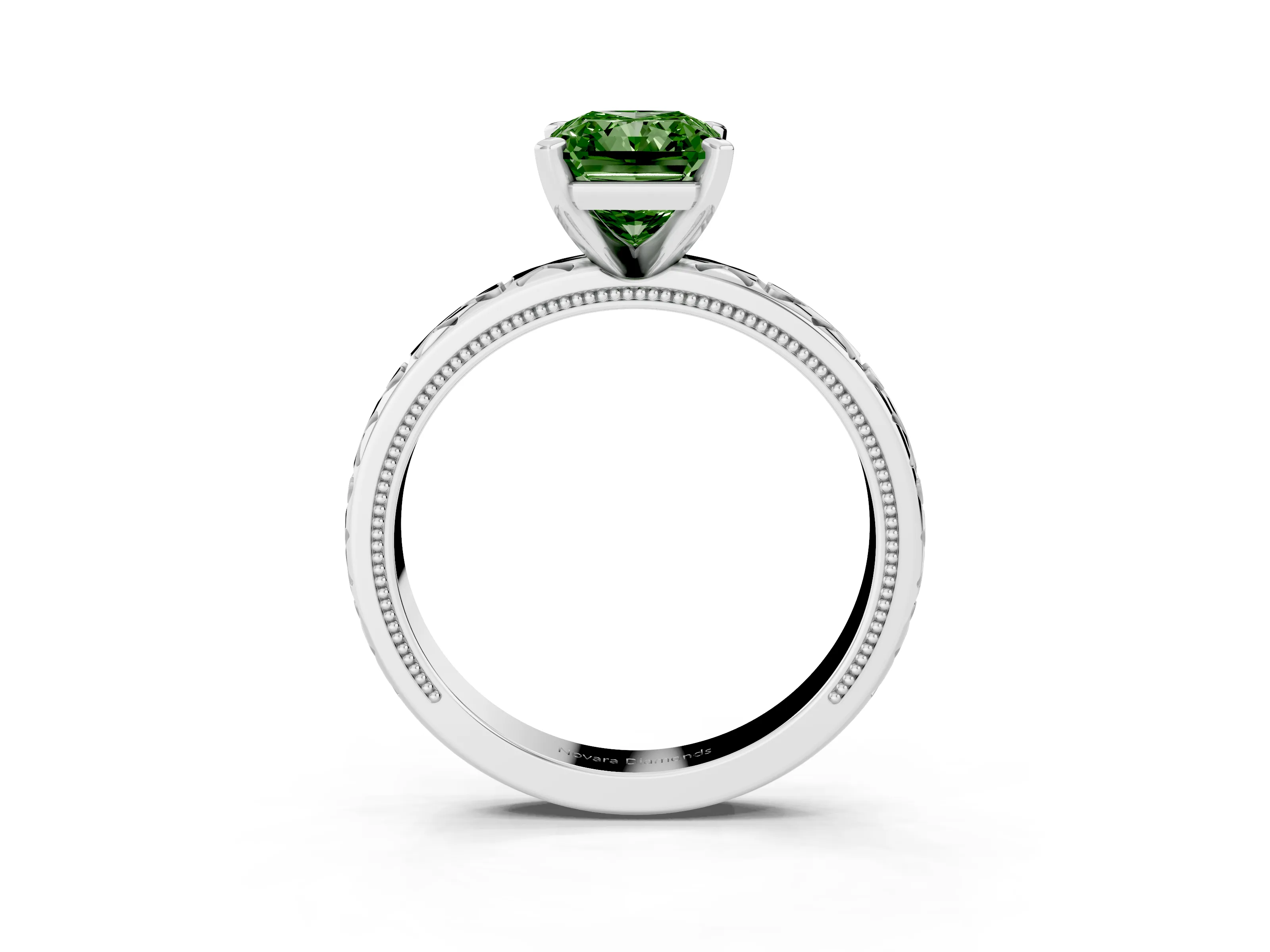 Fancy Green Radiant Cut Diamond Solitaire Engagement Ring Set in Platinum with XO Engraved Band and Prong Setting
