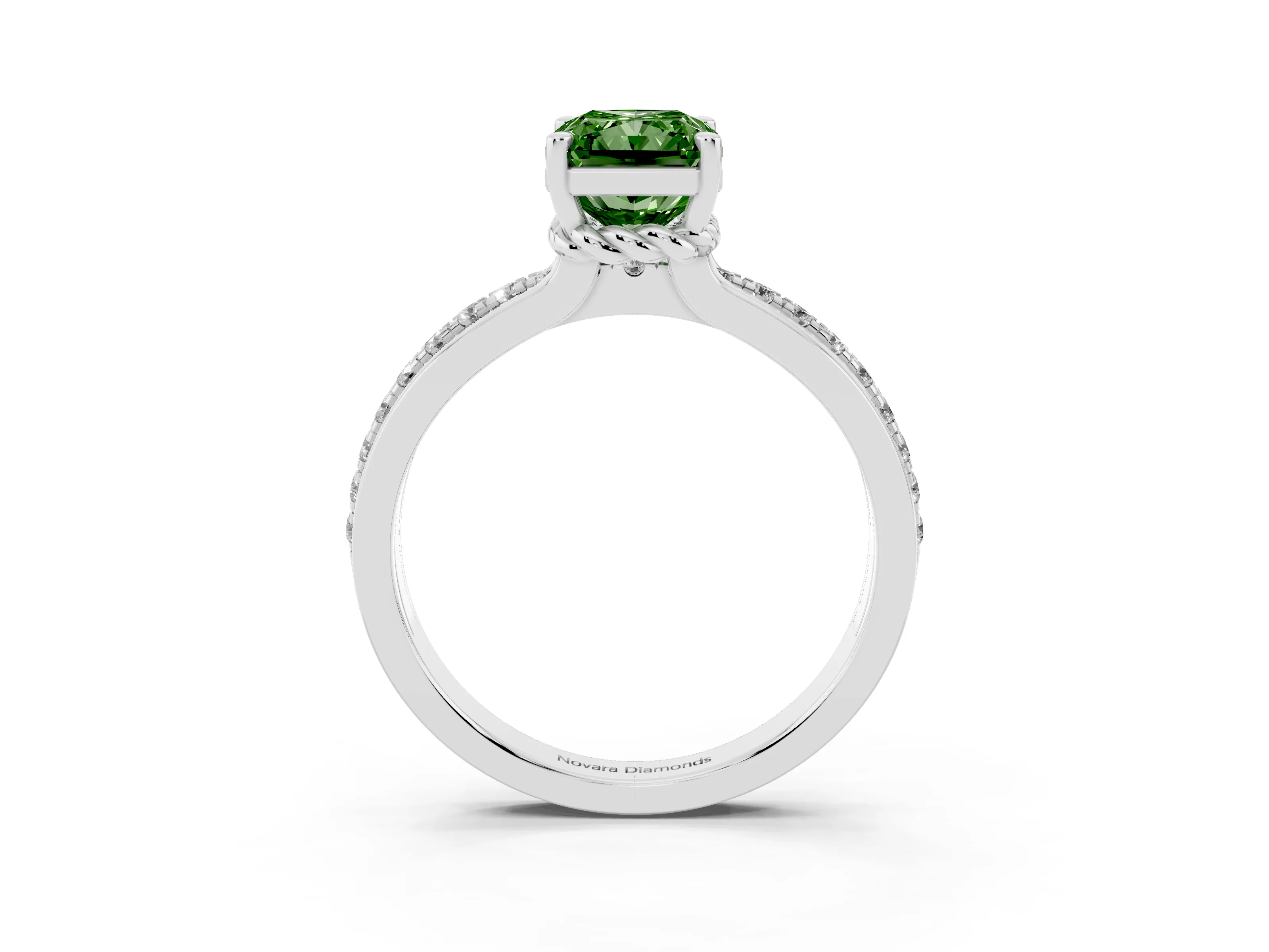 Fancy Green Radiant Cut Diamond Solitaire Ring Set in White gold with Channel Set Band and Prong Setting