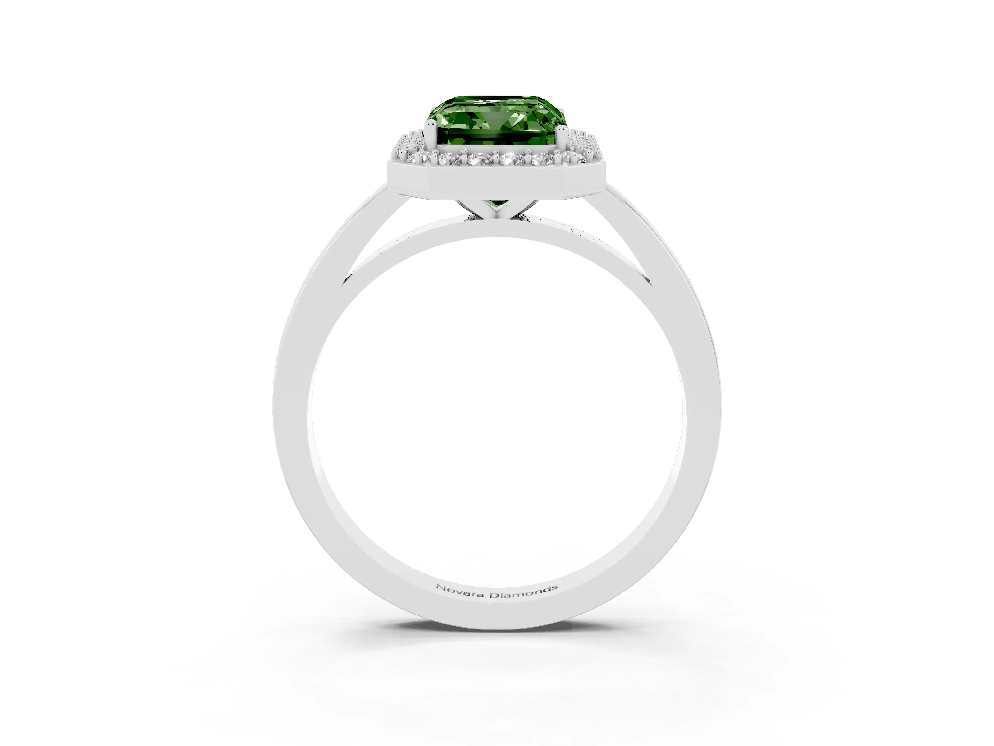 Fancy Green Radiant Cut Diamond Halo Ring Set in Silver with Solitaire Band and Prong Setting