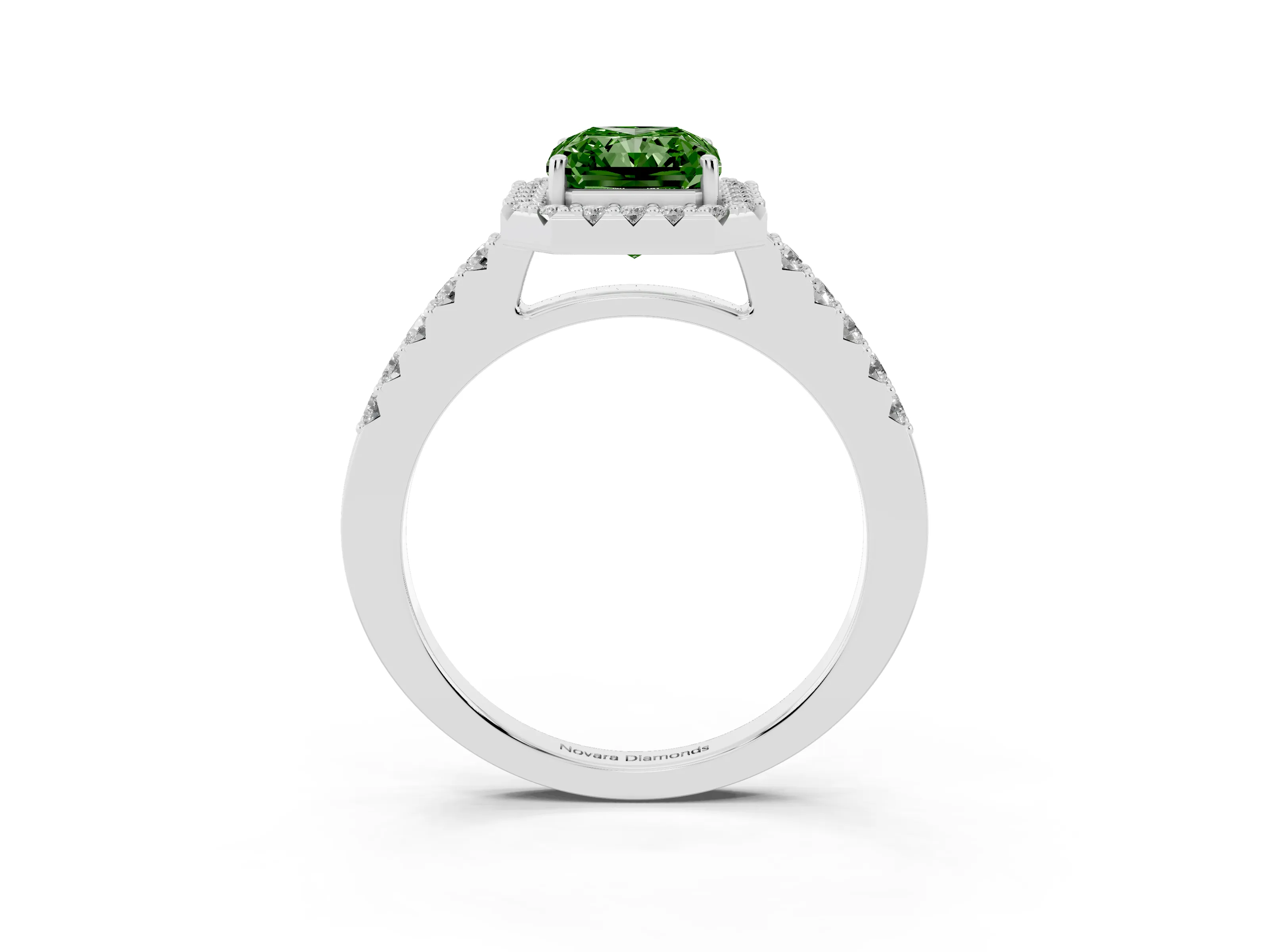 Fancy Green Radiant Cut Diamond Halo Pavé Solitaire Ring Set in Platinum with Prong-Set Center Stone