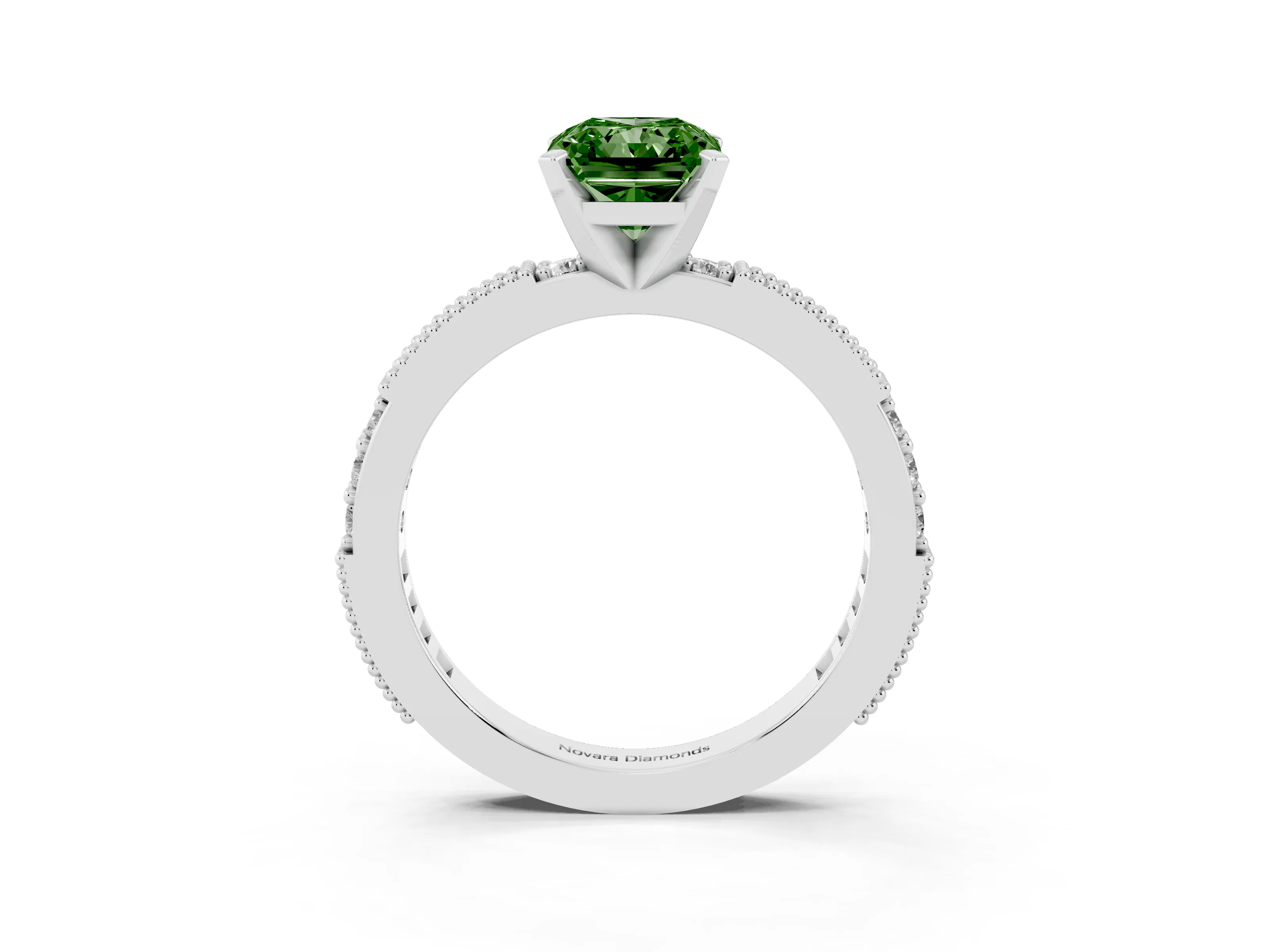 Fancy Green Radiant Cut Diamond Solitaire Ring Set in White gold with Slim Pavé Band and Prong Setting