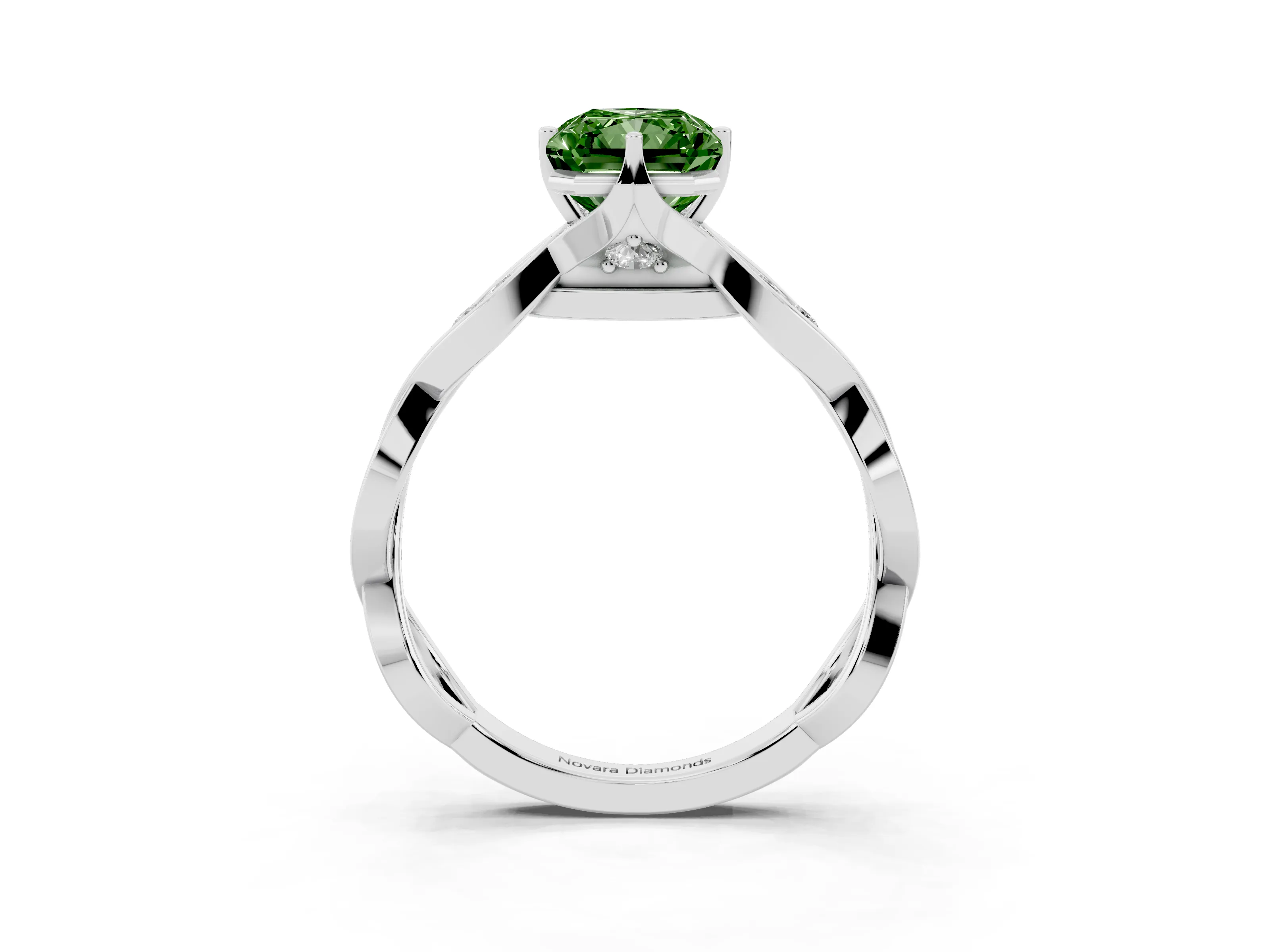 Fancy Green Radiant Cut Diamond Twist Band Solitaire Ring Set in Silver with Leaf Prong Setting and Accent Stones
