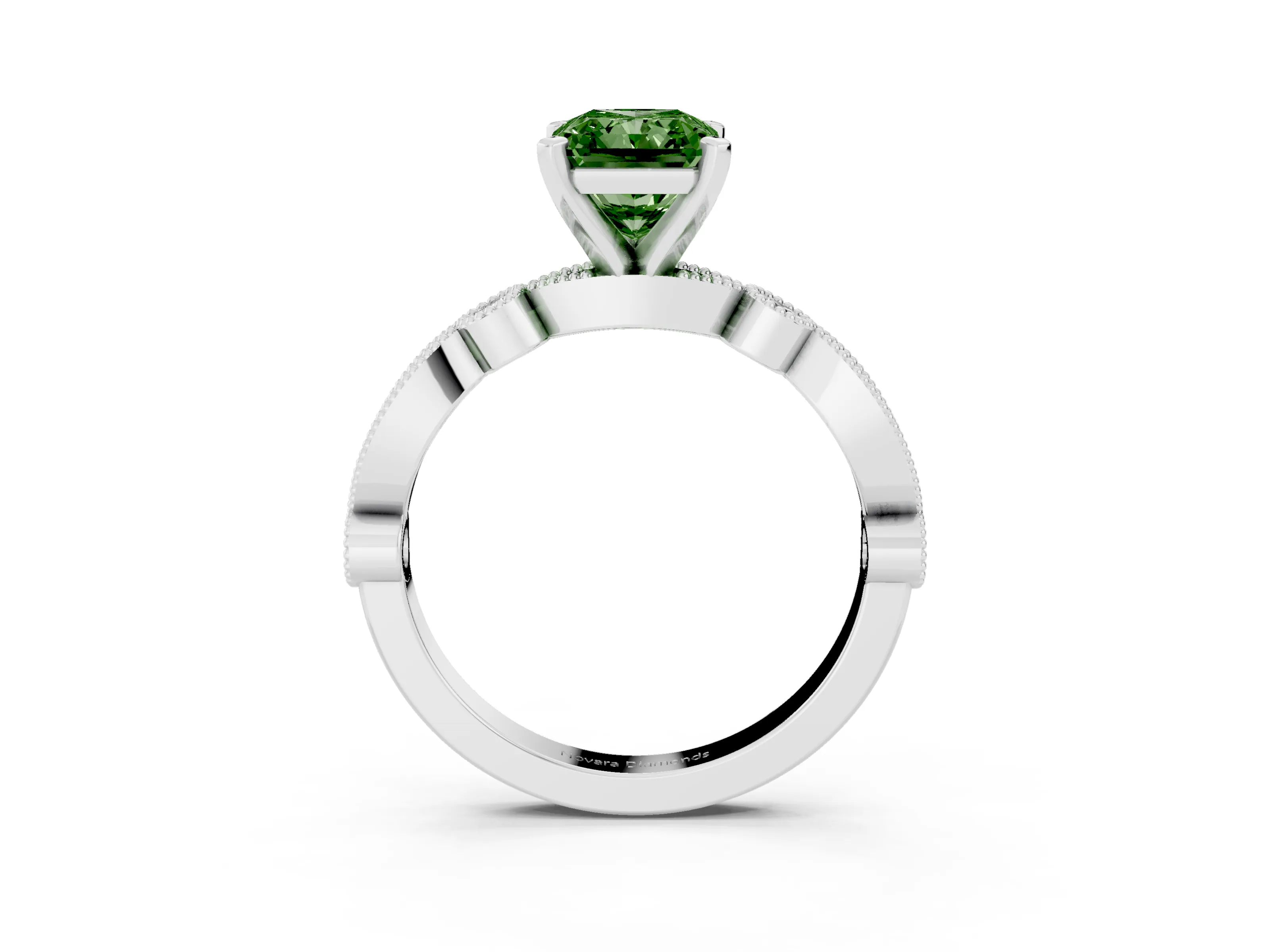 Fancy Green Radiant Cut Diamond Solitaire Engagement Ring Set in White gold with Milgrain Bezel Accent Band