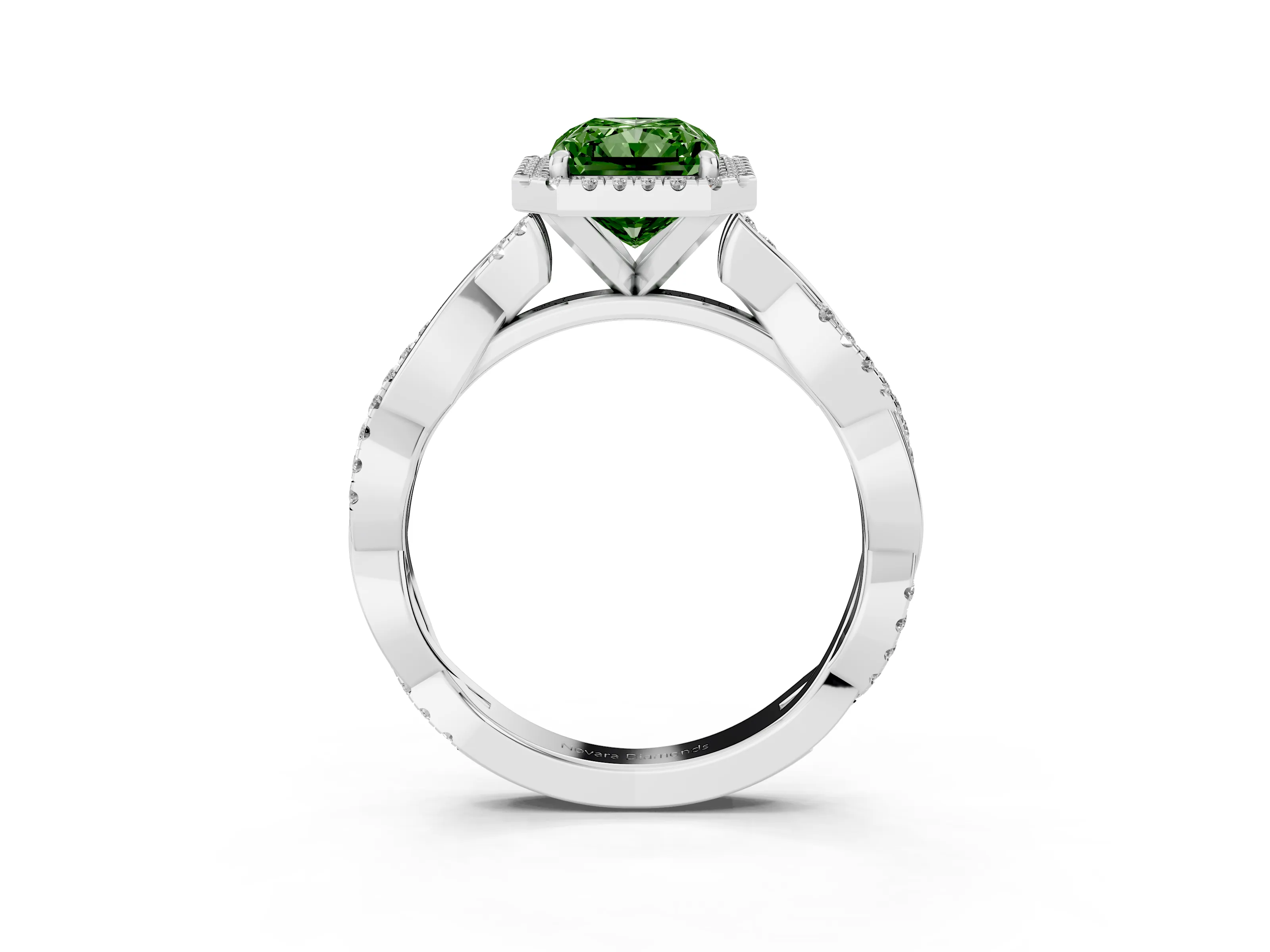 Fancy Green Radiant Cut Diamond Halo Twisted Band Ring Set in White gold with Prong Setting
