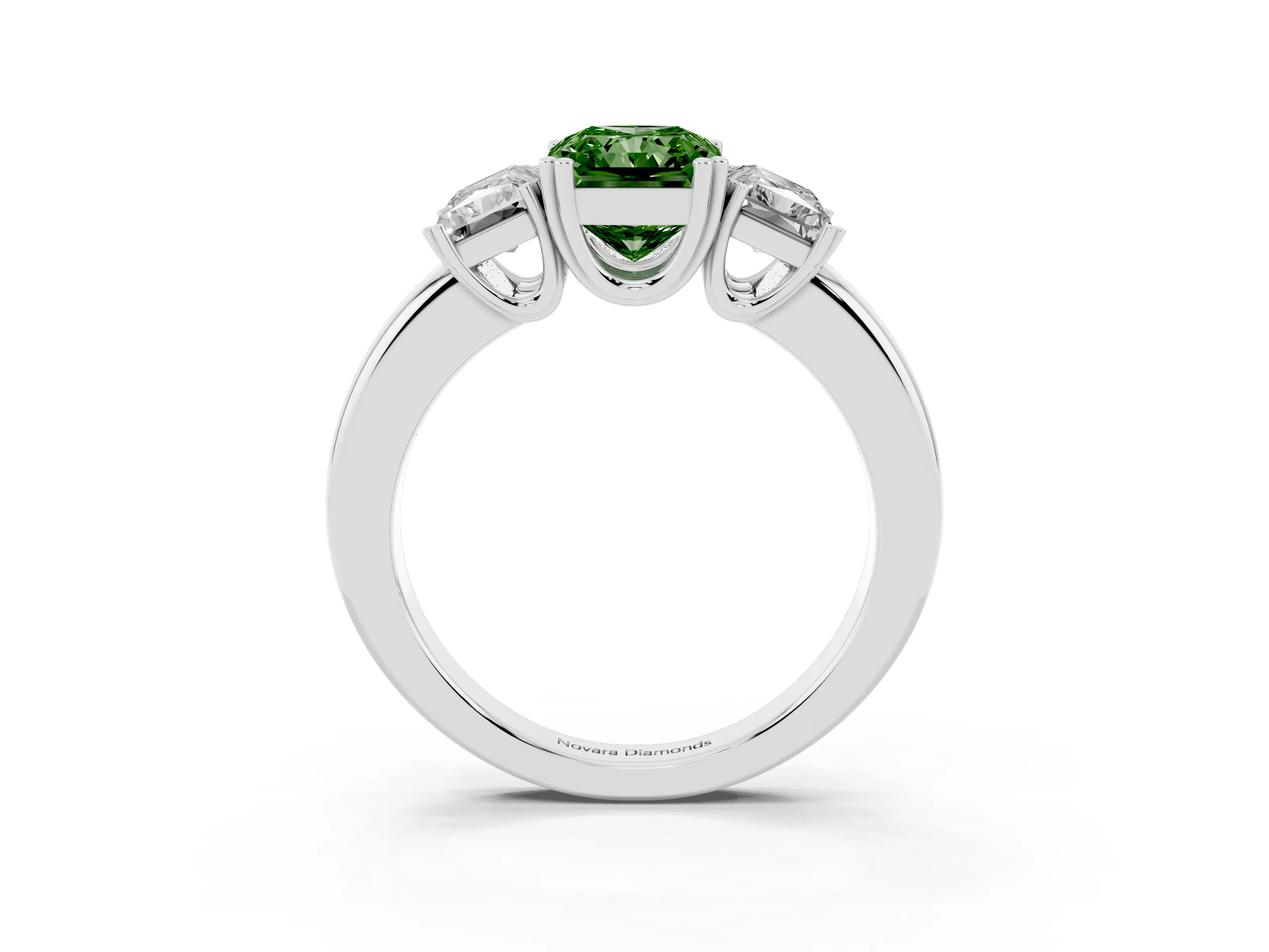Fancy Green Radiant Cut Diamond Three-Stone Ring Set in Platinum with Polished Channel-Set Band