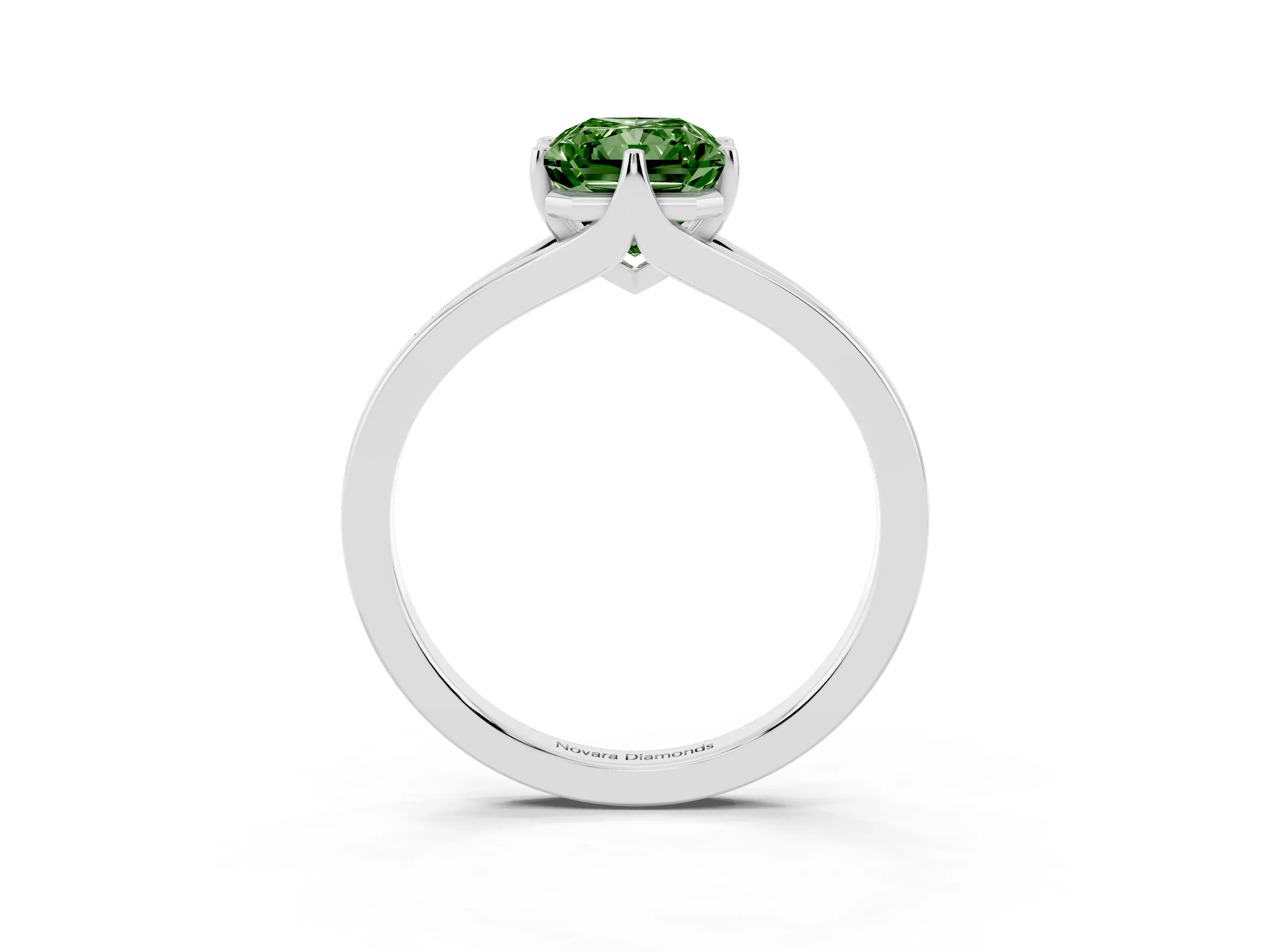 Fancy Green Radiant Cut Diamond Solitaire Ring Set in White gold with Polished Tapered Band and Prong Setting