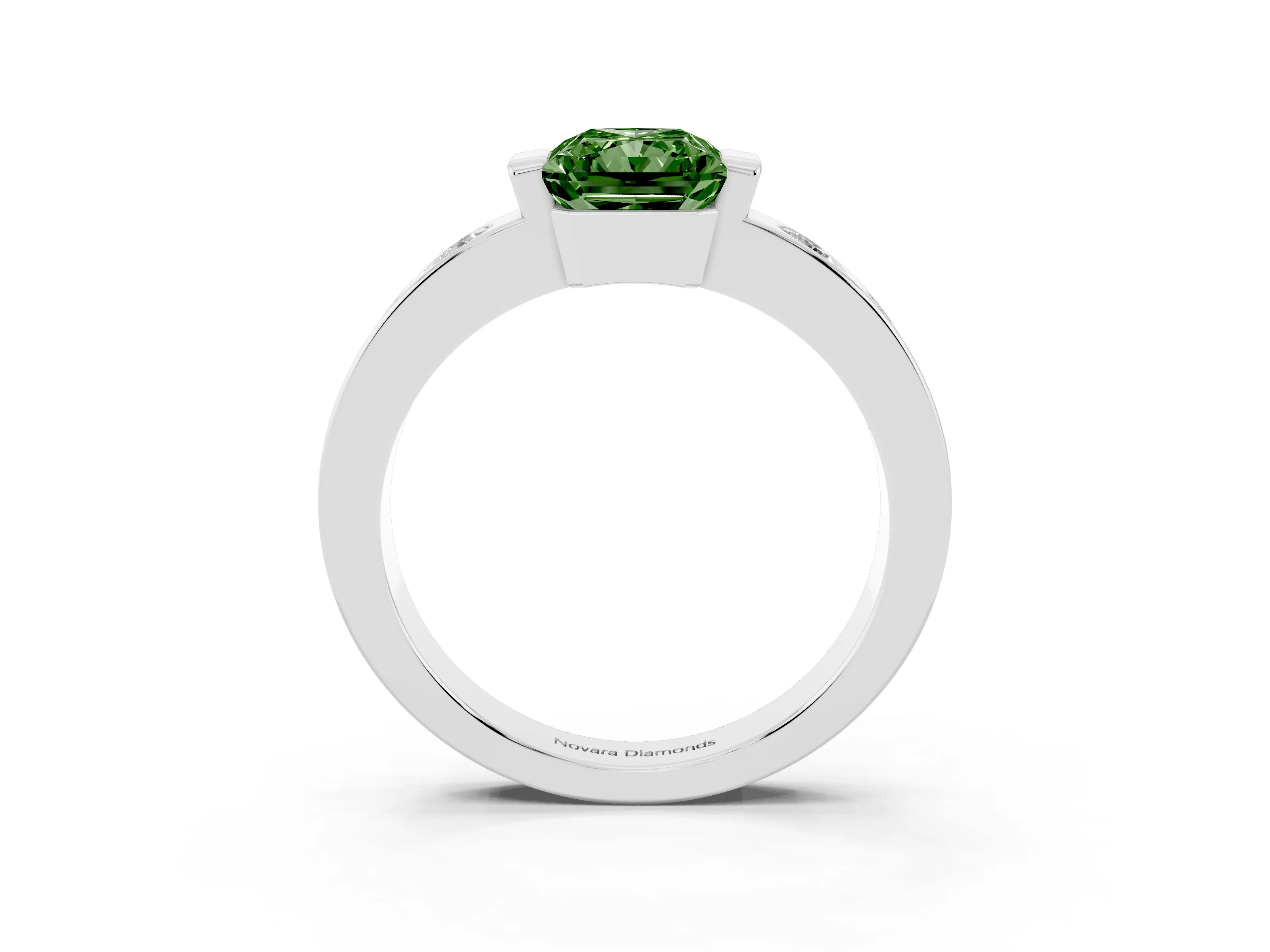 Fancy Green Radiant Cut Diamond Channel-Set Band Ring Set in Silver with Bezel Prong Setting