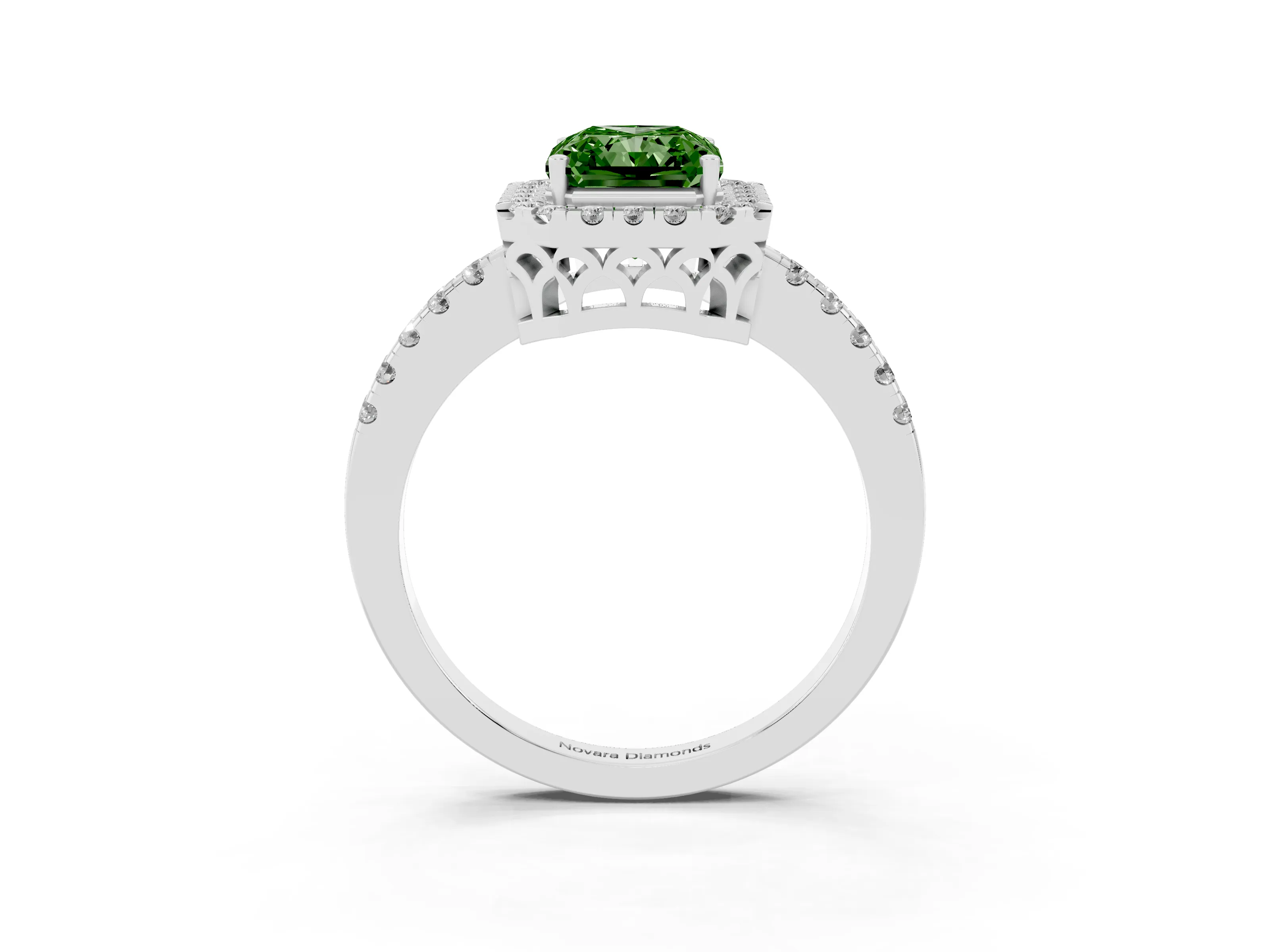 Fancy Green Radiant Cut Diamond Pavé Band Halo Engagement Ring Set in White gold with Prong Setting
