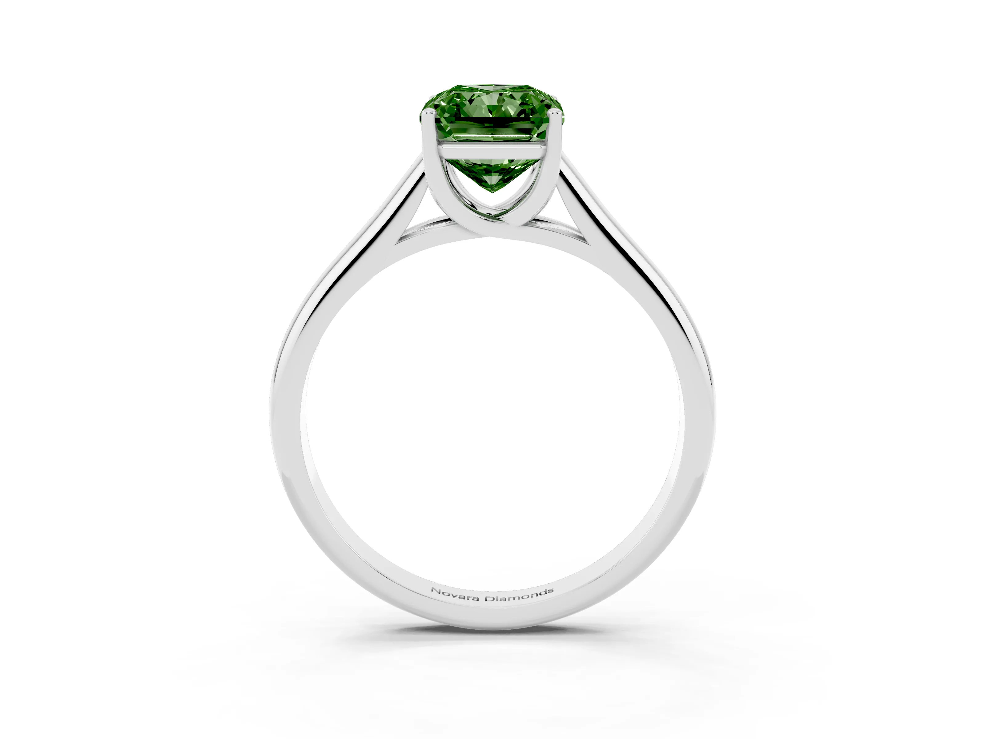 Fancy Green Radiant Cut Diamond Solitaire Engagement Ring Set in Platinum with Subtly Tapered Band and Prong Setting