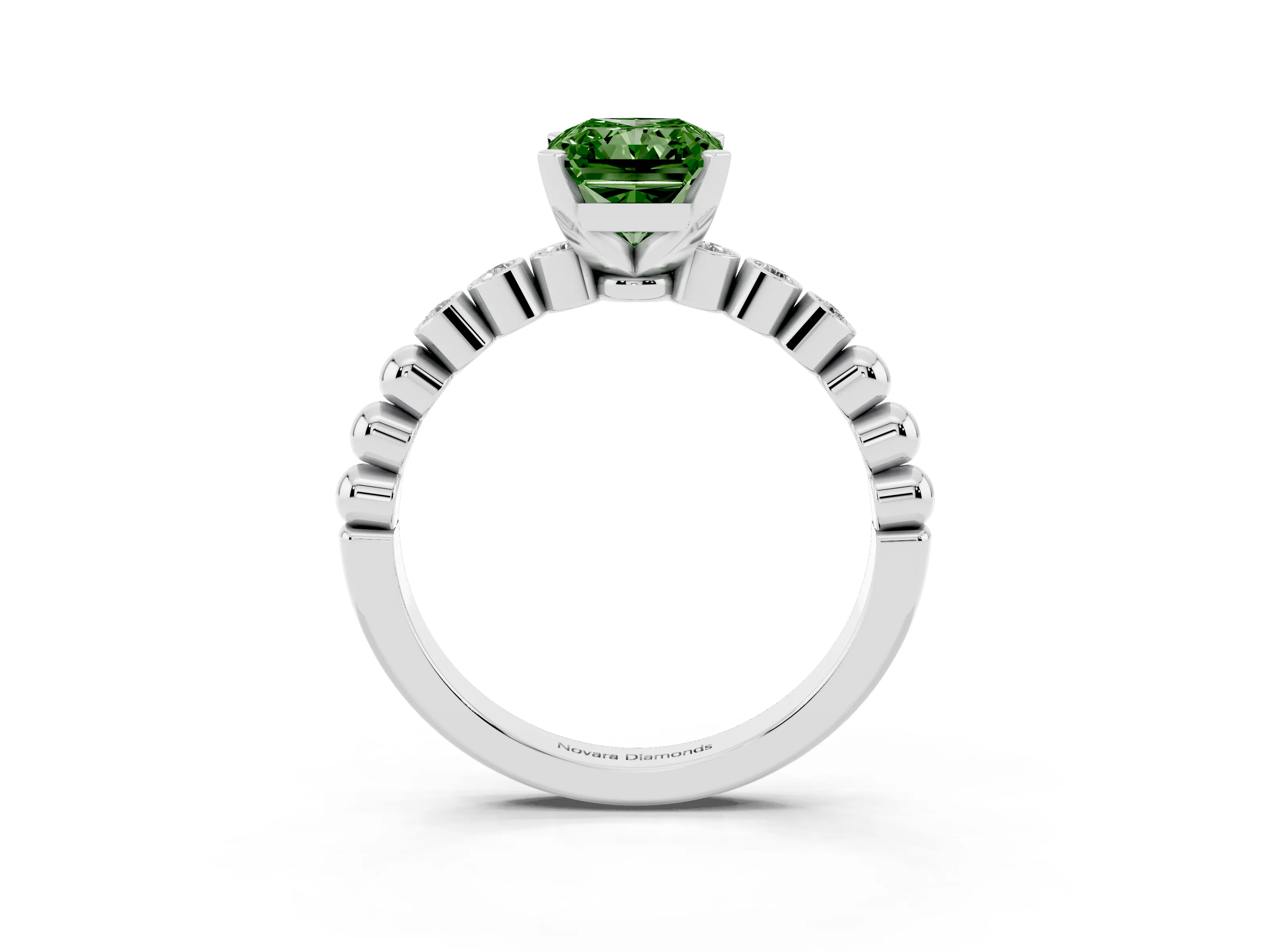 Fancy Green Radiant Cut Diamond Solitaire Engagement Ring Set in Silver with Bezel Accents on Beaded Band