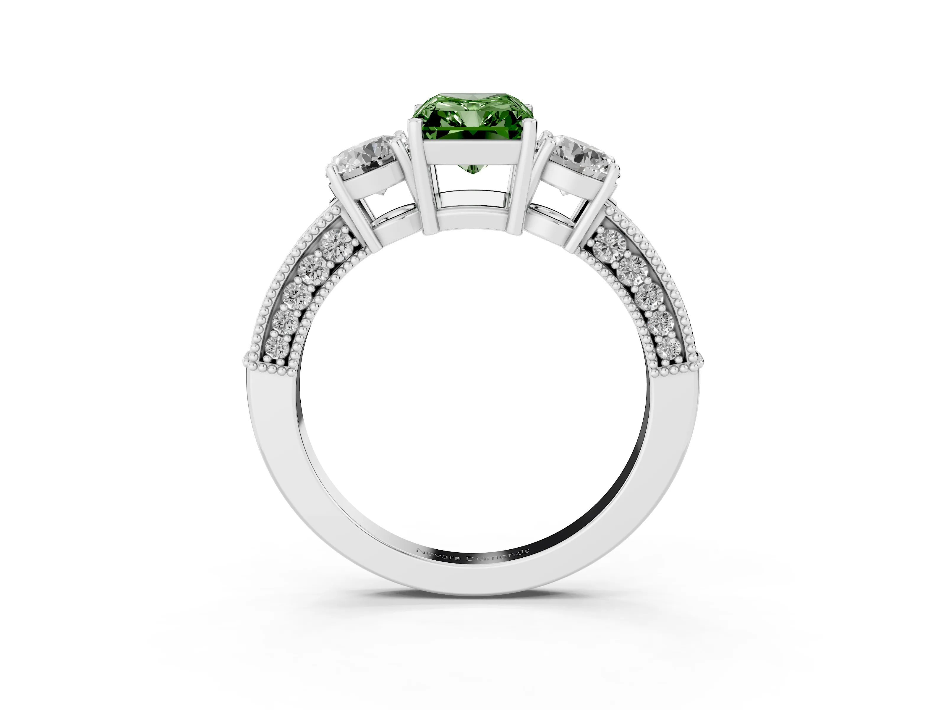 Fancy Green Radiant Cut Diamond Three-Stone Ring Set in Platinum with Round Side Stones and Pavé Band