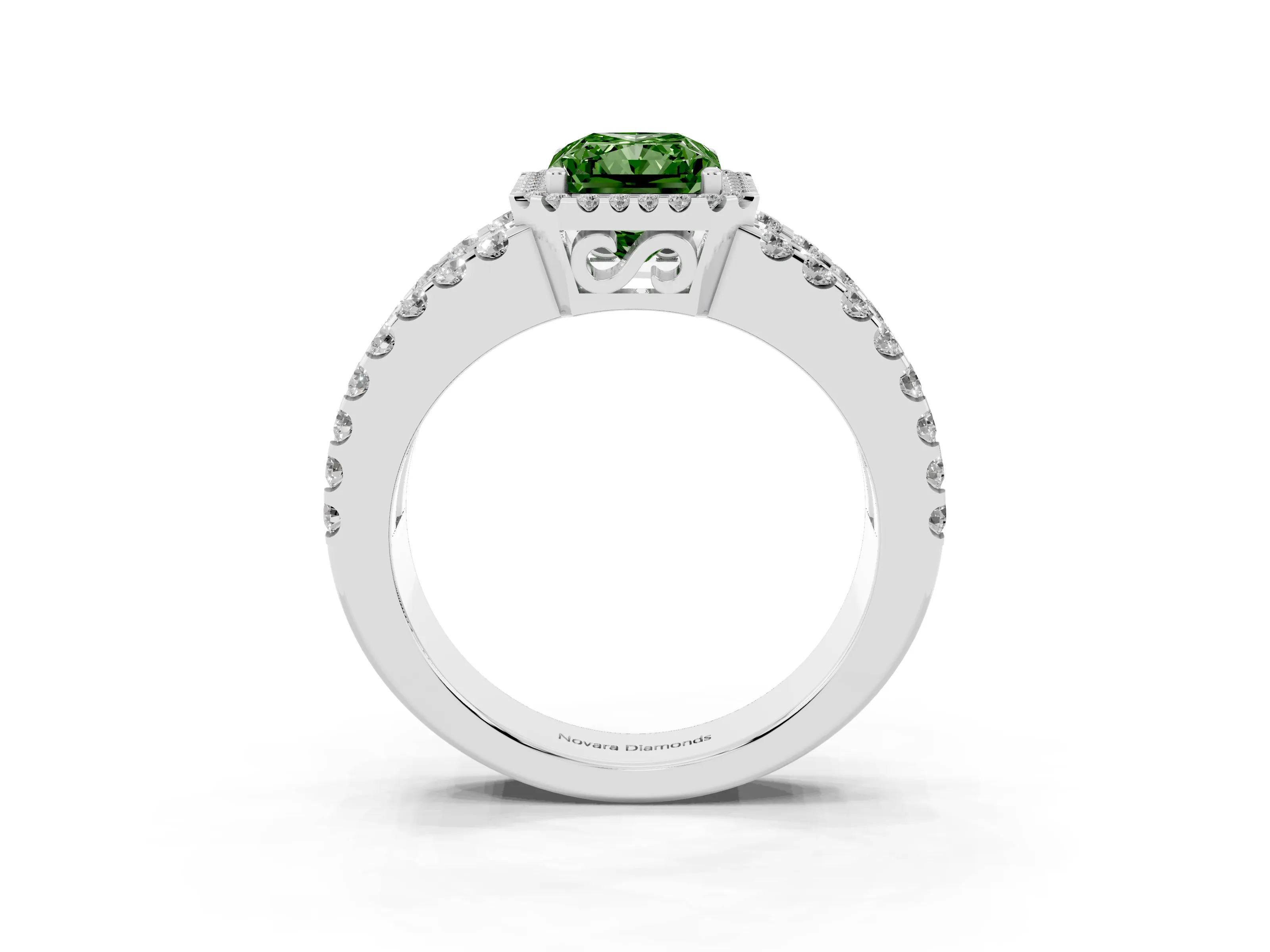 Fancy Green Radiant Cut Diamond Halo Ring Set in Platinum with Pavé Split Shank and Prong Setting