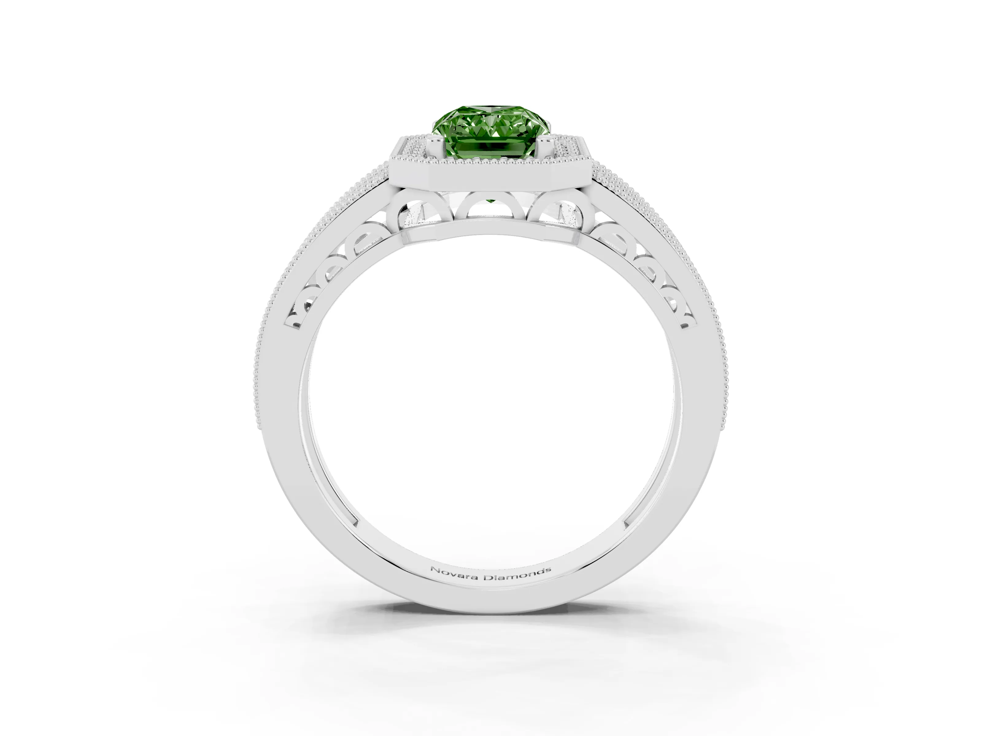 Fancy Green Radiant Cut Diamond Halo Ring Set in Platinum with Accent Split Shank and Prong Setting