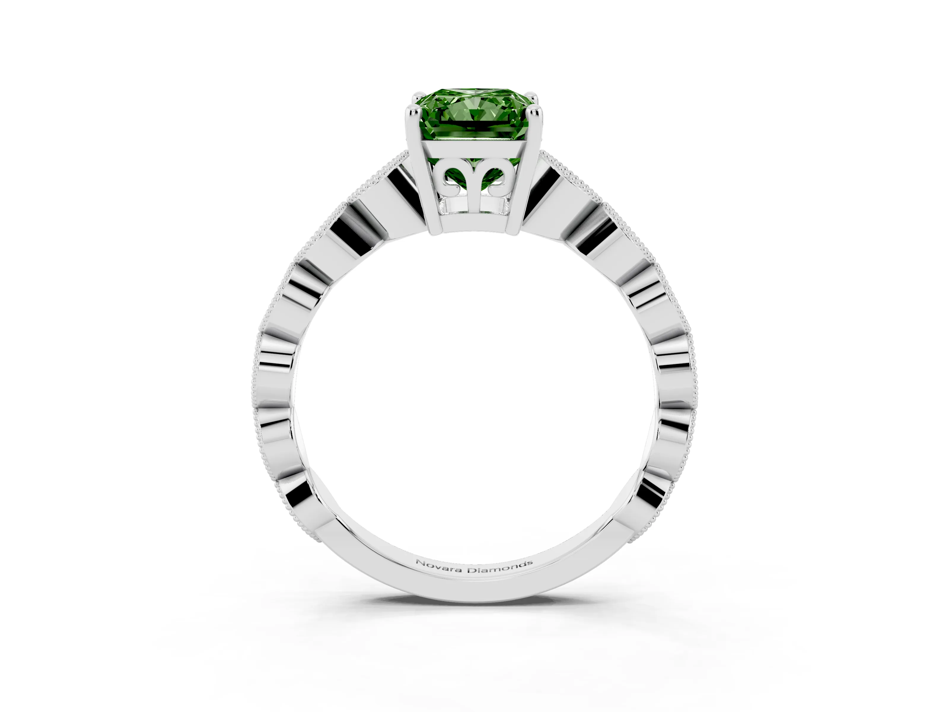 Fancy Green Radiant Cut Diamond Solitaire Ring Set in Platinum with Infinity Twist Pavé Band