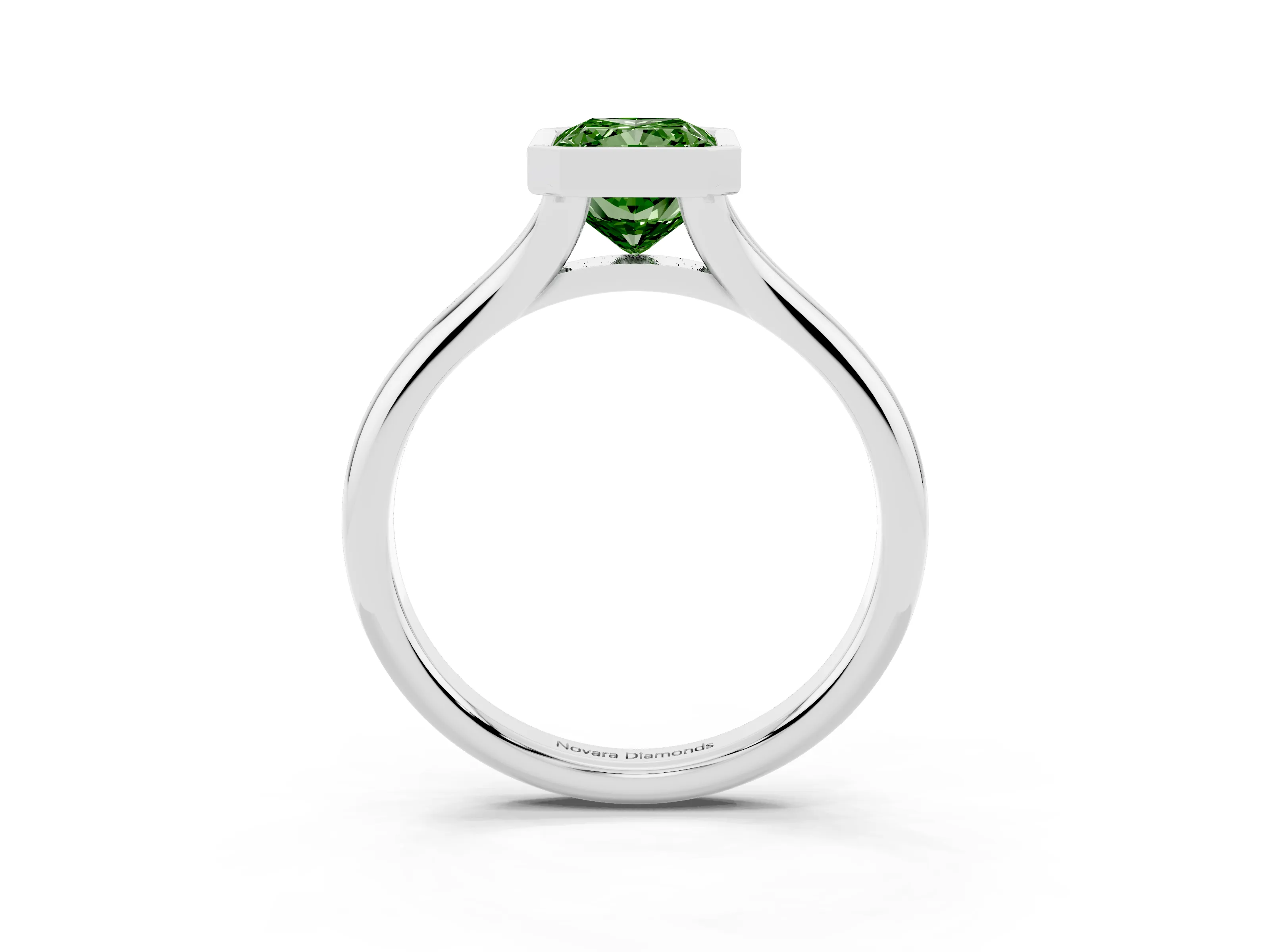 Fancy Green Bezel Set Radiant Cut Diamond Solitaire Ring Set in Silver with Smooth Band