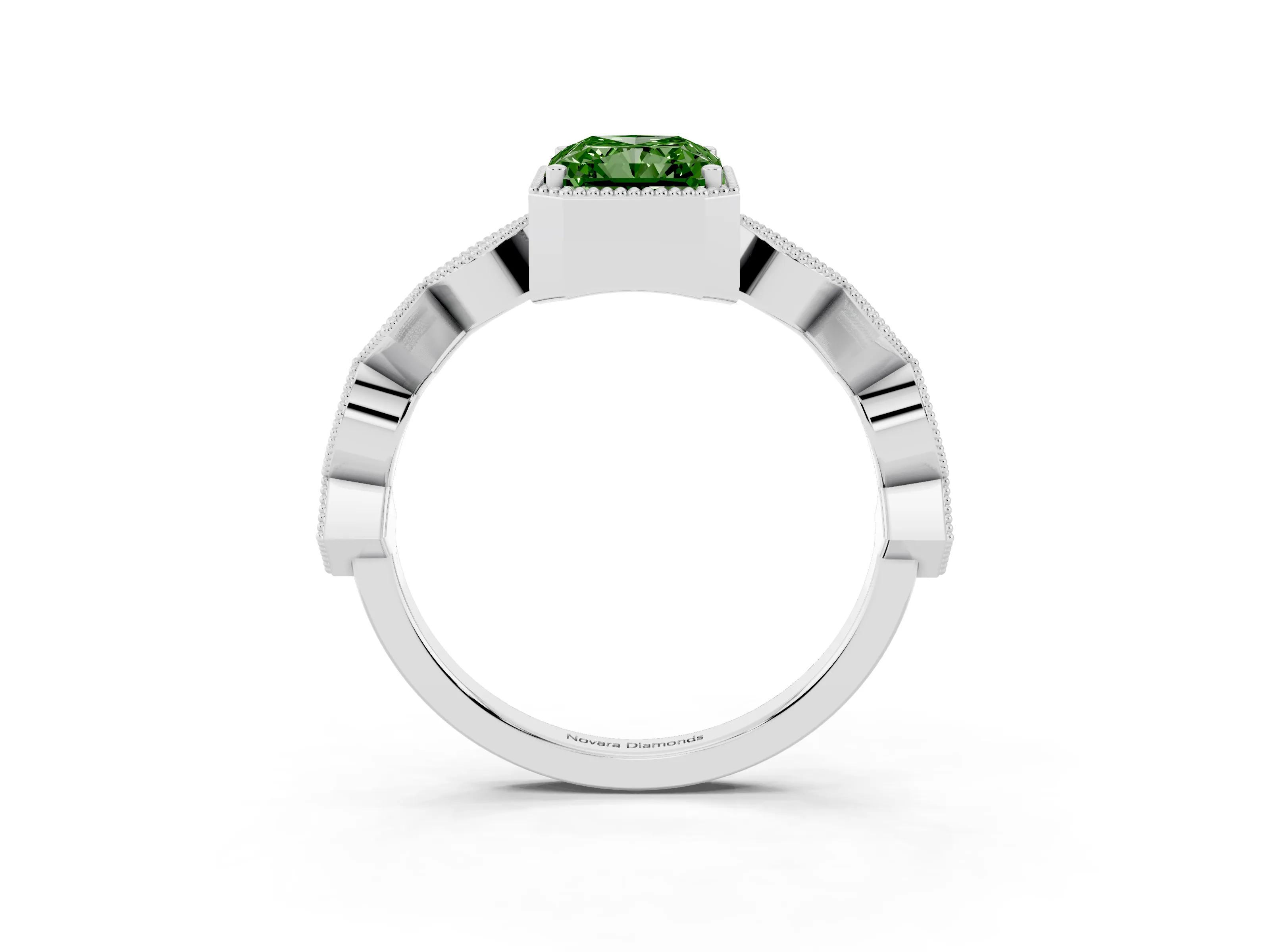 Fancy Green Radiant Cut Diamond Milgrain Marquise Twist Band Ring Set in White gold with Prong Setting