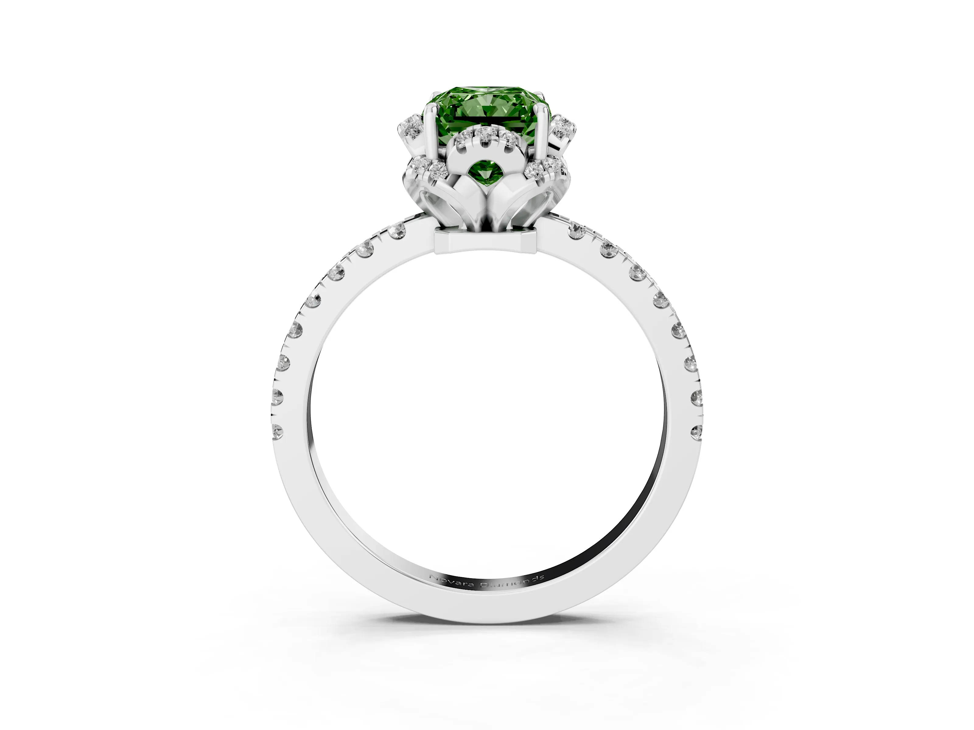 Fancy Green Radiant Cut Diamond Halo Pavé Band Ring Set in White gold with Prong-Held Center