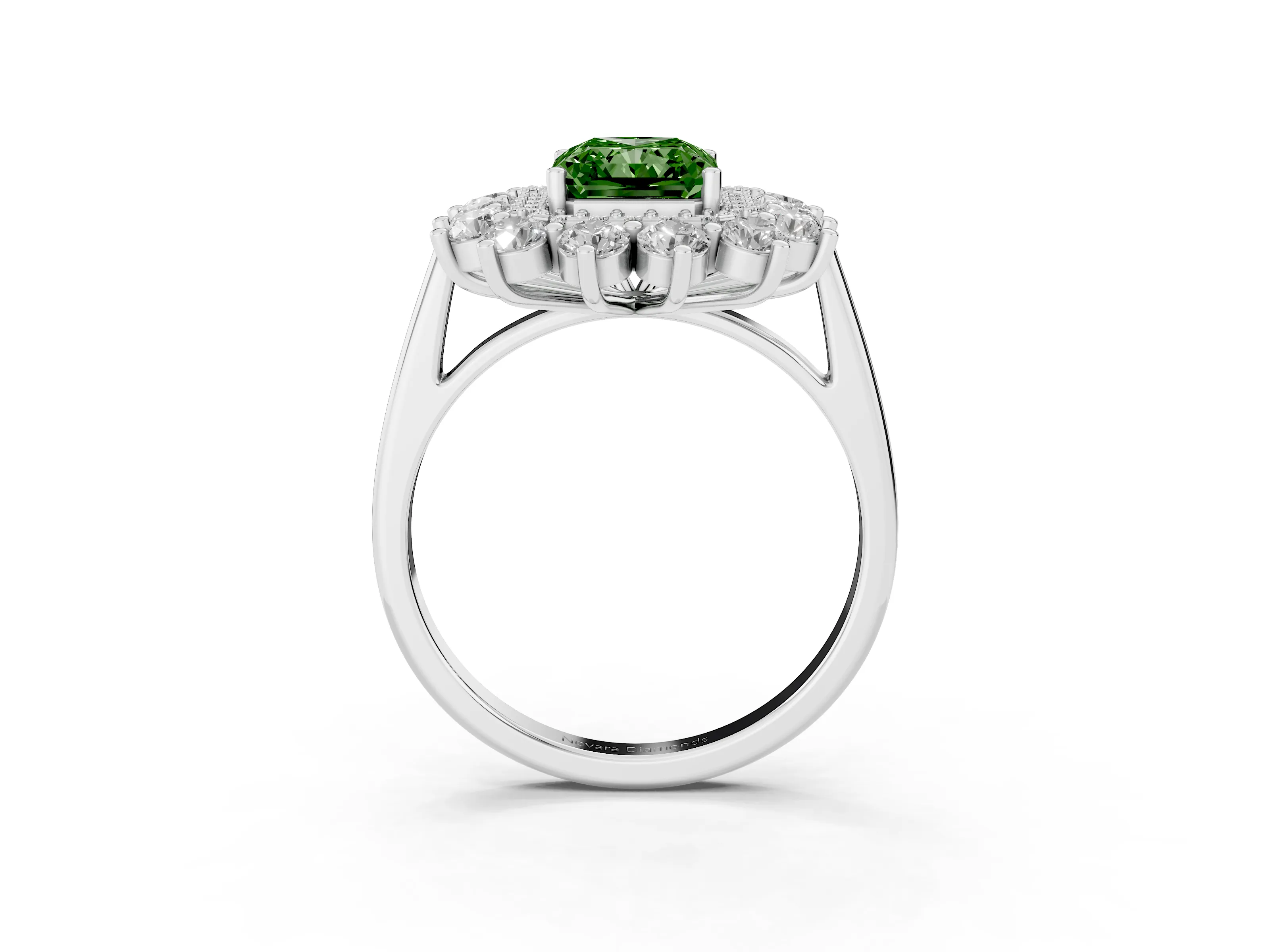 Fancy Green Radiant Cut Diamond Floral Double Halo Ring Set in Silver with Round Petals