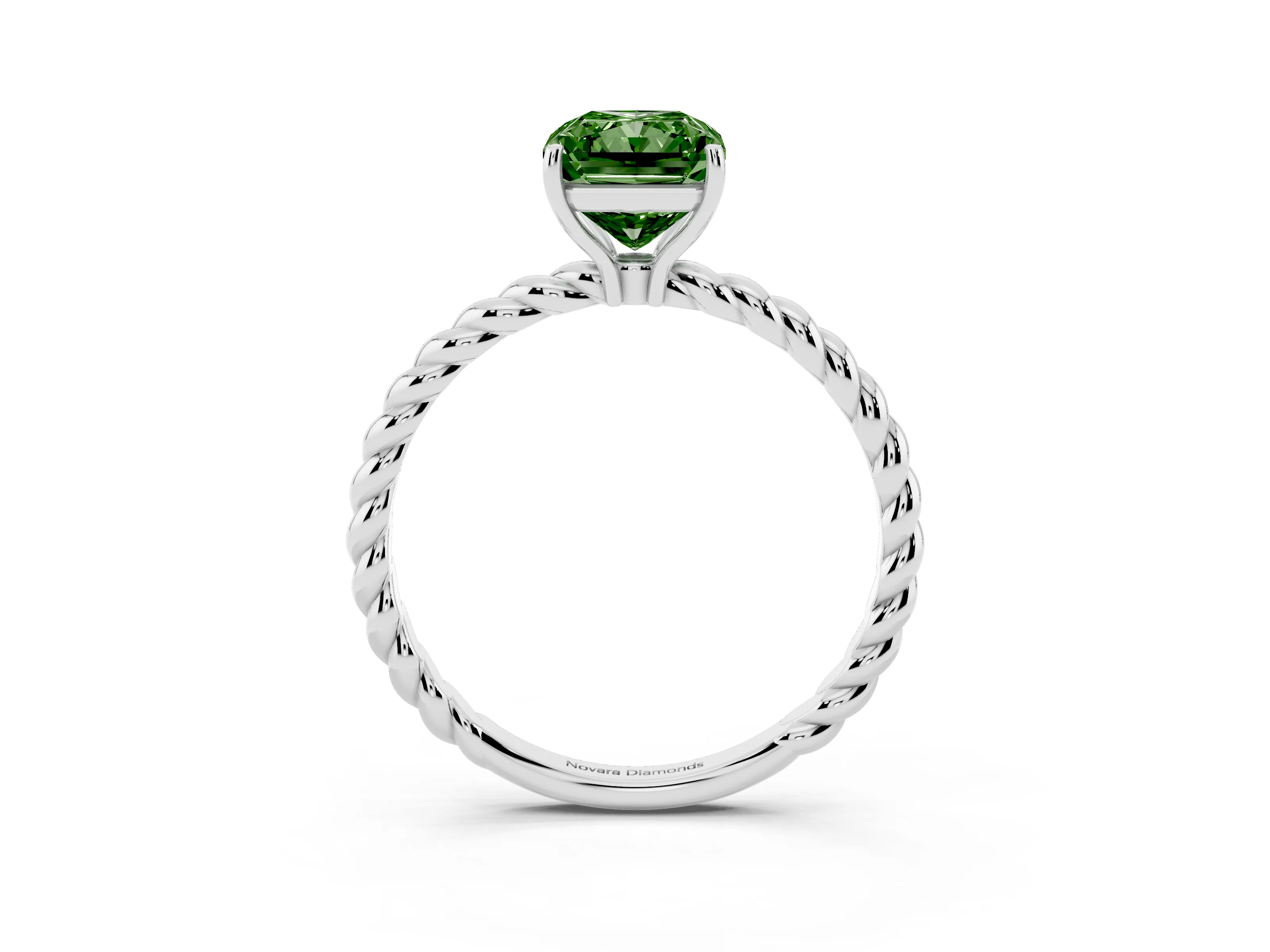 Fancy Green Radiant Cut Diamond Solitaire Ring Set in White gold with Twist Band and Prong Setting