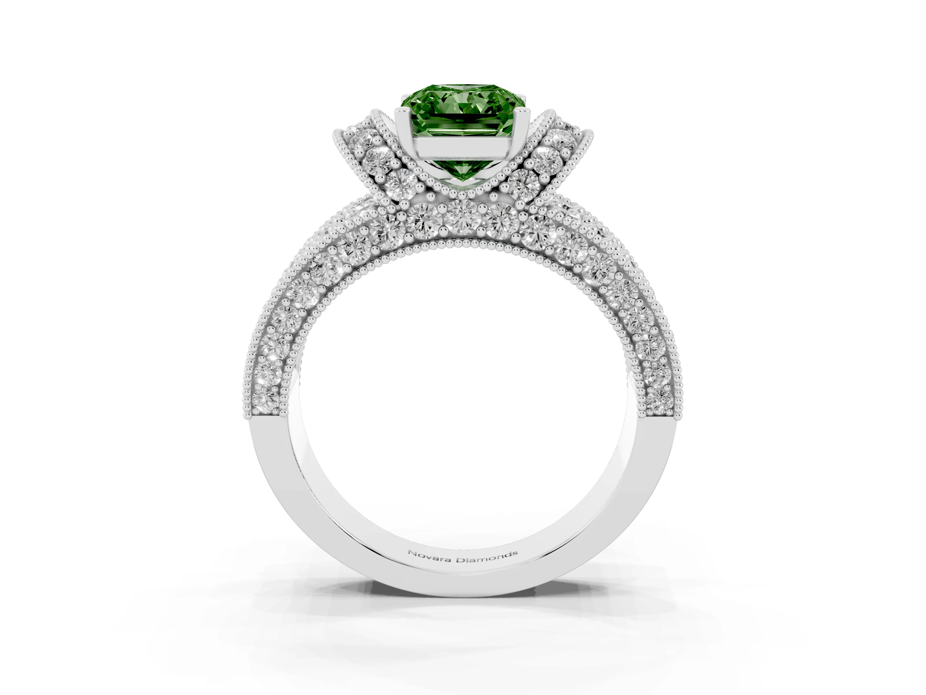 Fancy Green Radiant Cut Diamond Milgrain Halo Pavé Engagement Ring Set in White gold with Prong Setting