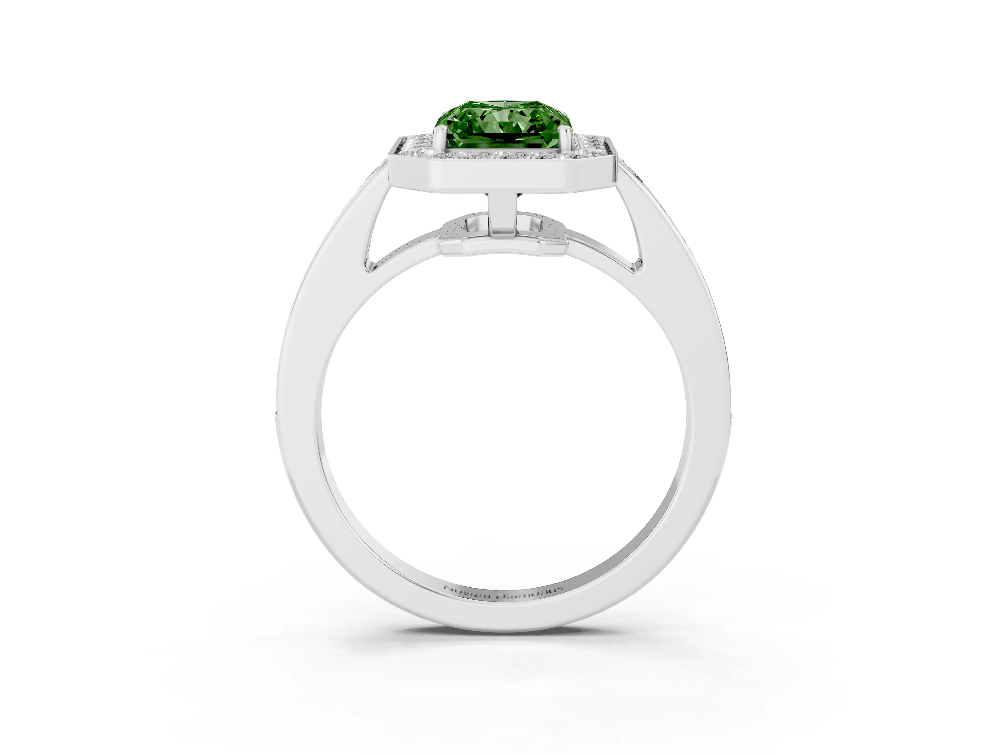Fancy Green Radiant Cut Diamond Halo Pavé Engagement Ring Set in Platinum with Bezel Setting