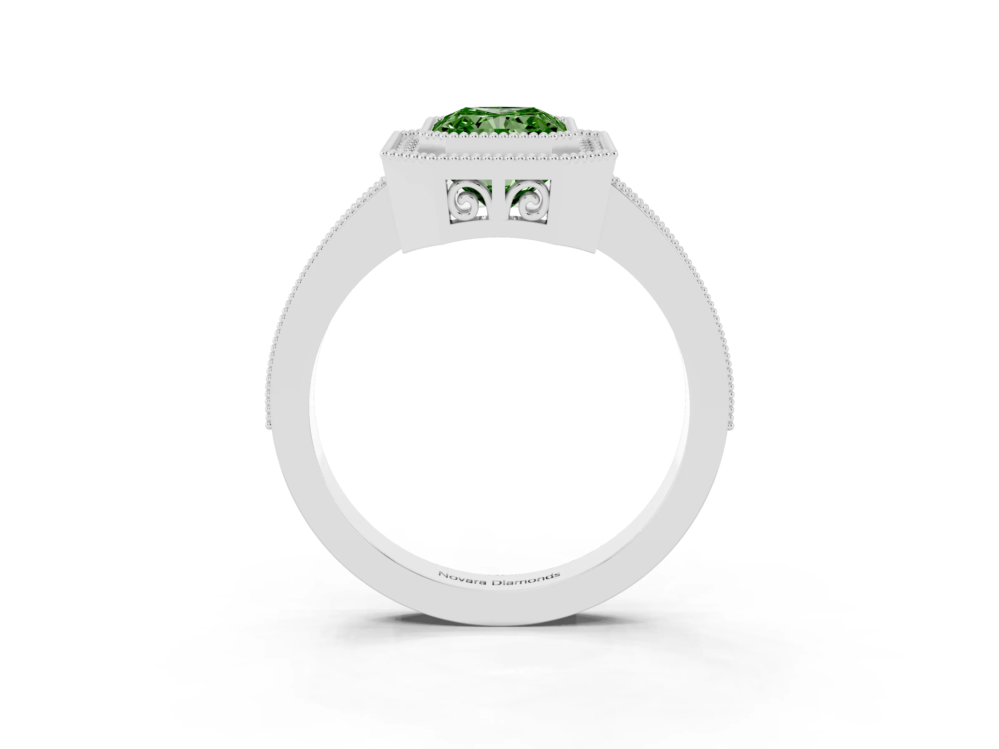 Fancy Green Radiant Cut Diamond Round Halo Ring Set in White gold with Pavé Band