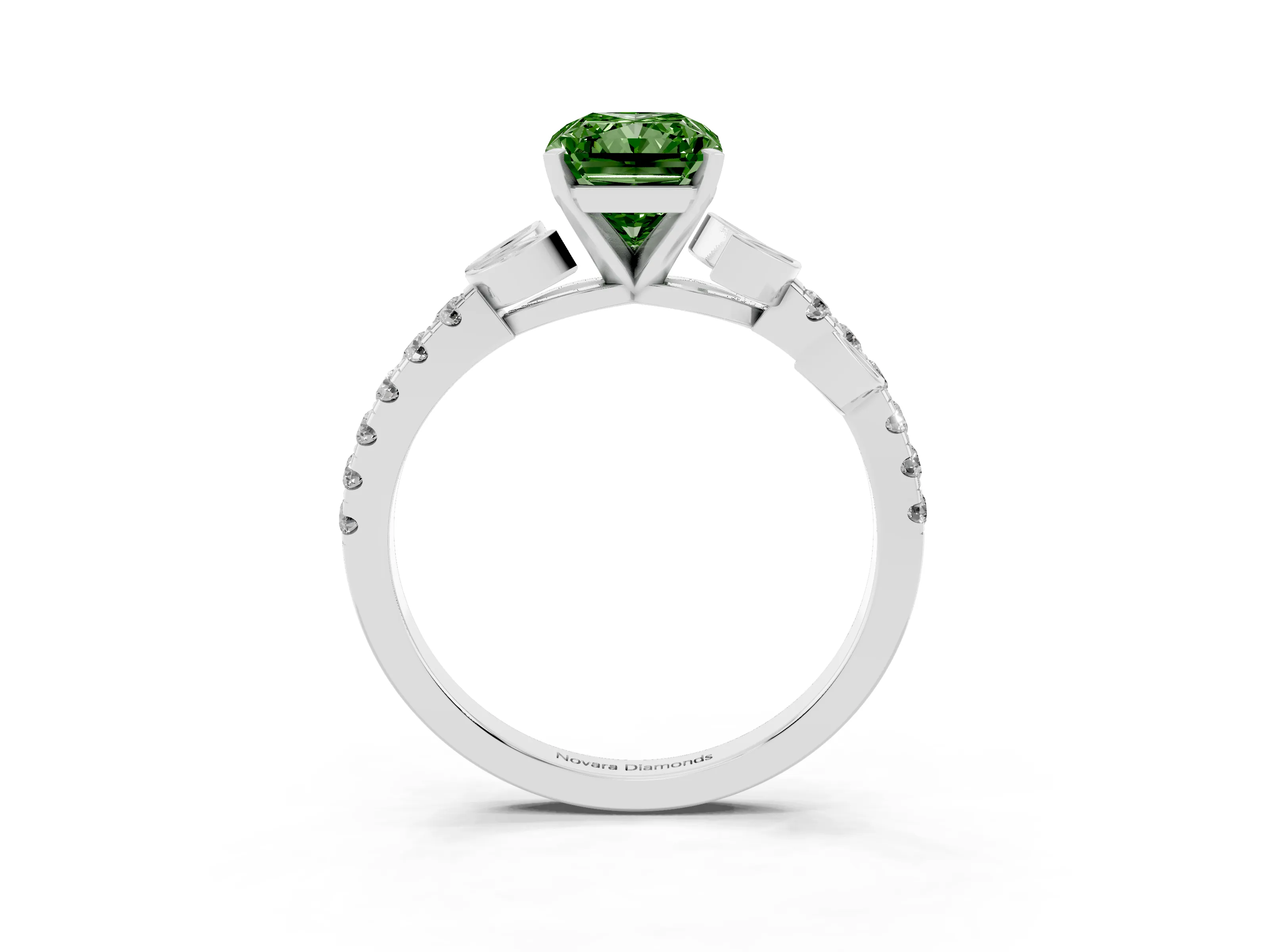 Fancy Green Radiant Cut Diamond Solitaire Leaf-Inspired Ring Set in Platinum with Pavé Band and Prong Setting