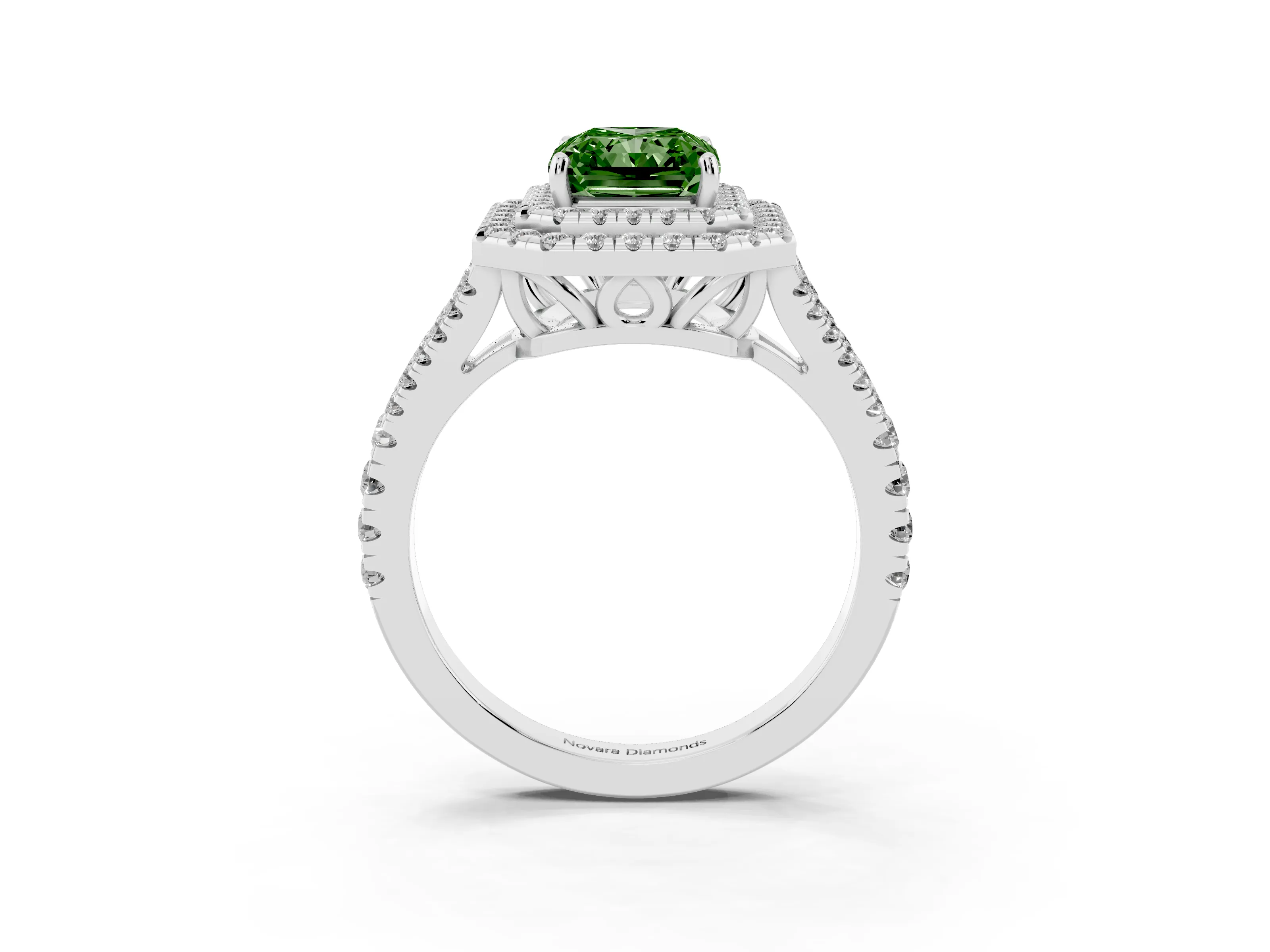 Fancy Green Radiant Cut Diamond Double Halo Ring Set in White gold with Pavé Band