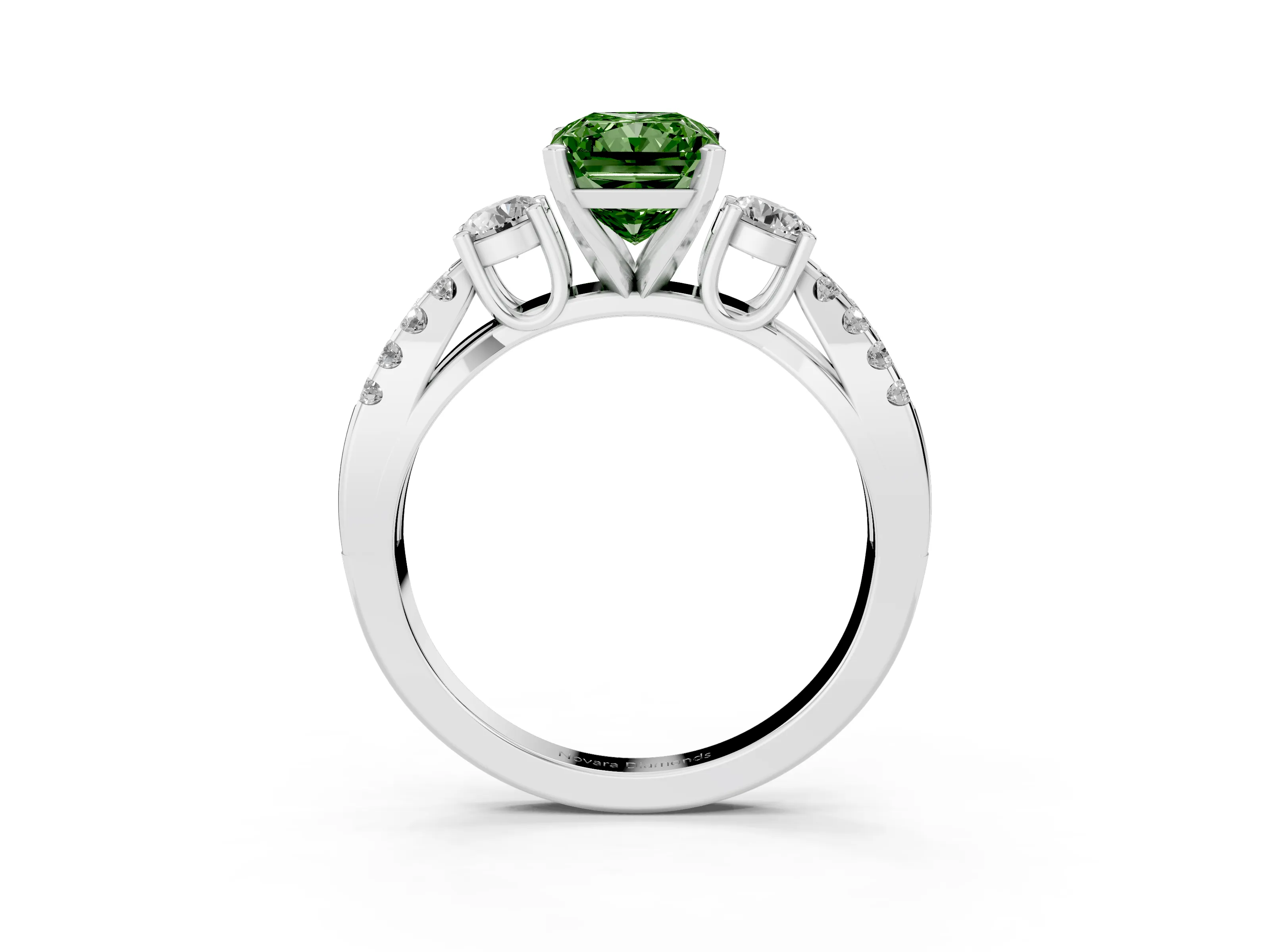 Fancy Green Radiant Cut Diamond Three-Stone Ring Set in Silver with Pavé Split Shank and Prong Setting