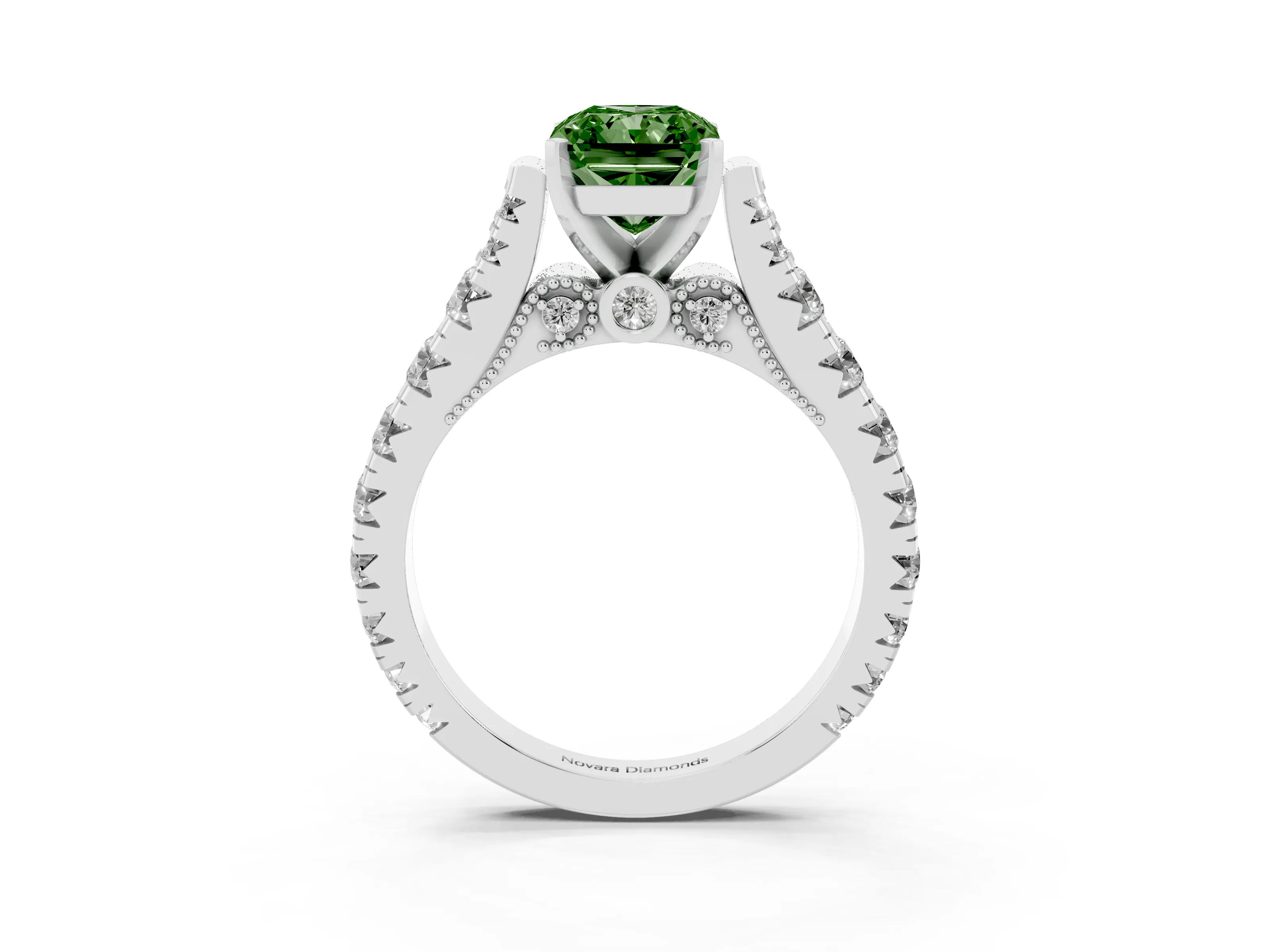 Fancy Green Radiant Cut Diamond Classic Solitaire Ring Set in White gold with Pavé Band and Prong Setting