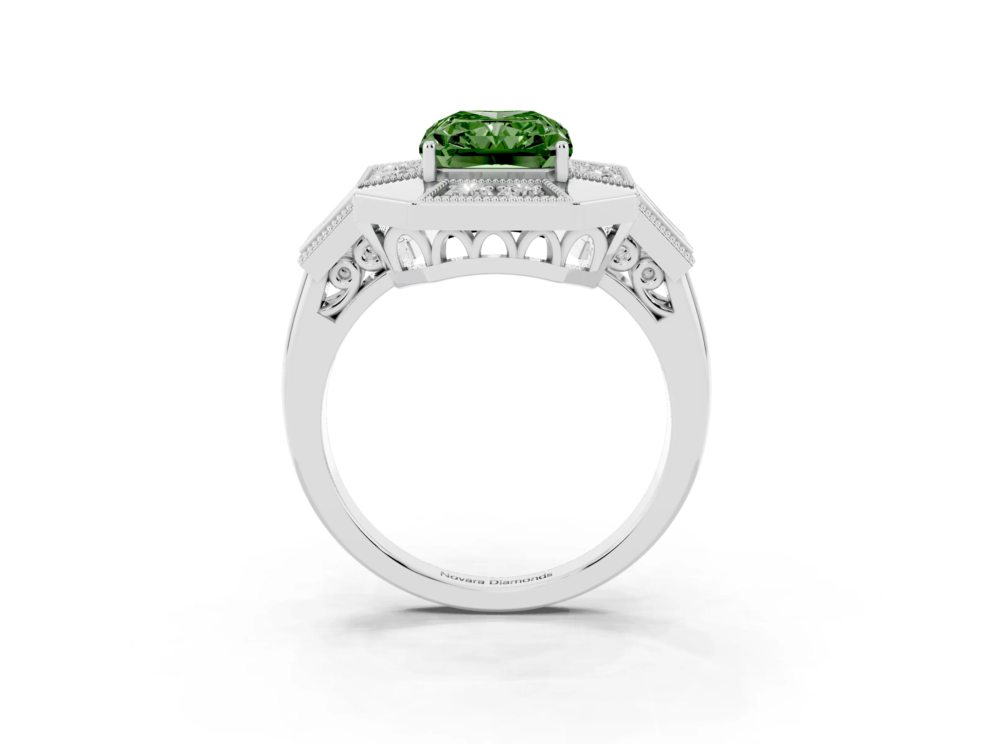 Fancy Green Radiant Cut Diamond Milgrain Halo Ring Set in Silver with Split Shank
