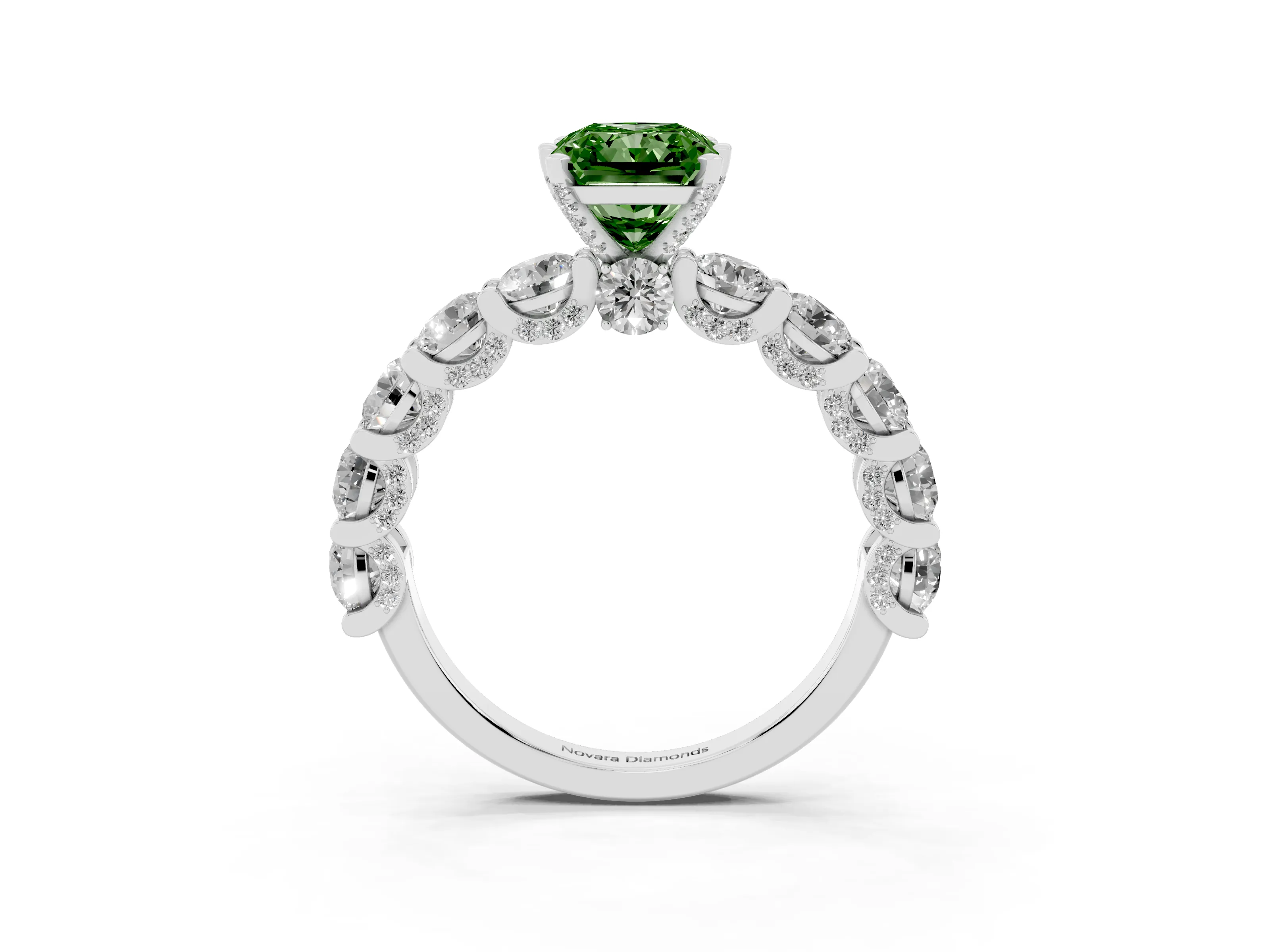 Fancy Green Radiant Cut Diamond Side Stone Ring Set in White gold with Alternating Round and Oval Side Stones