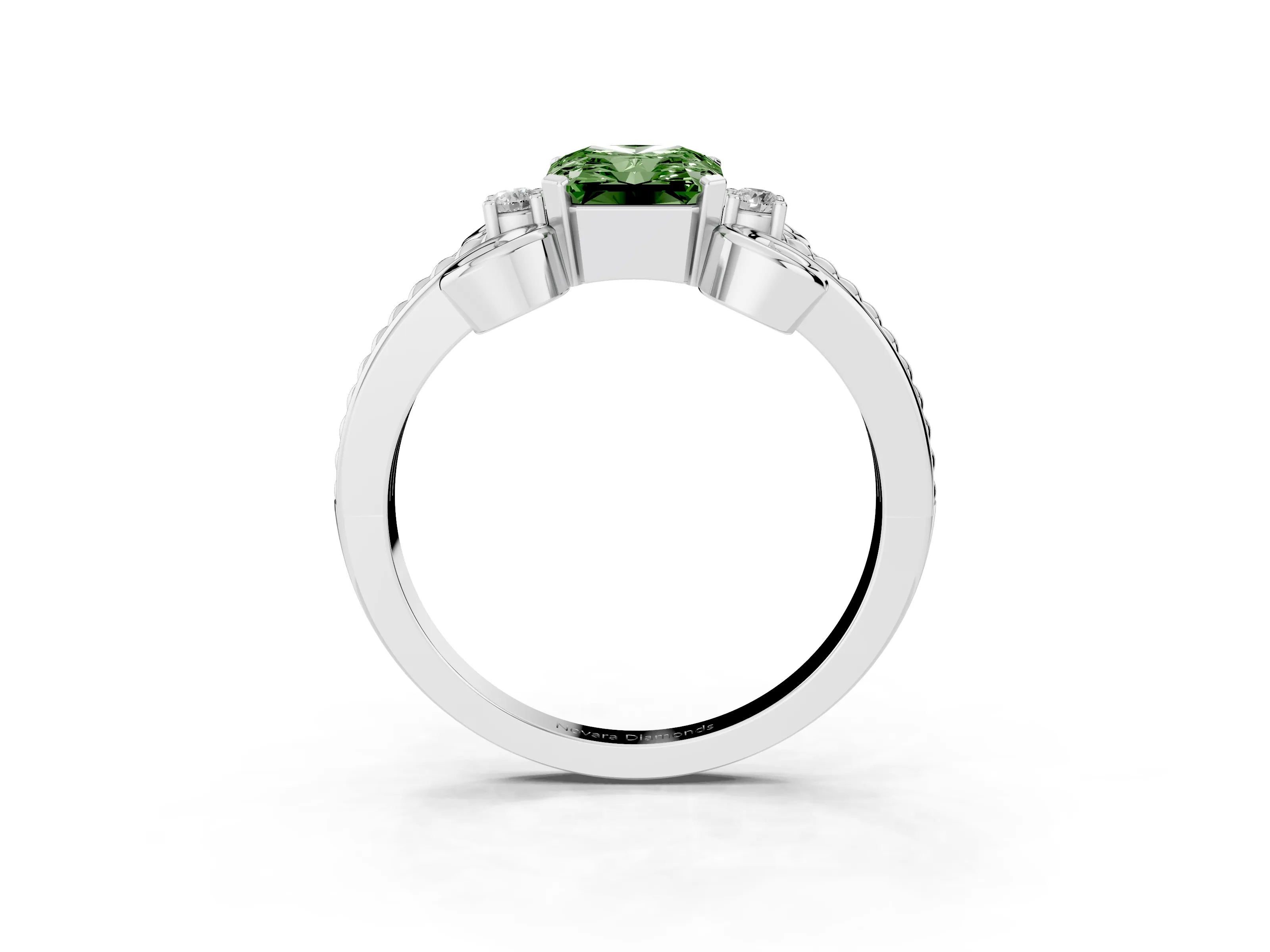 Fancy Green Radiant Cut Diamond Twisted Band Solitaire Ring Set in Platinum with Scroll Prongs