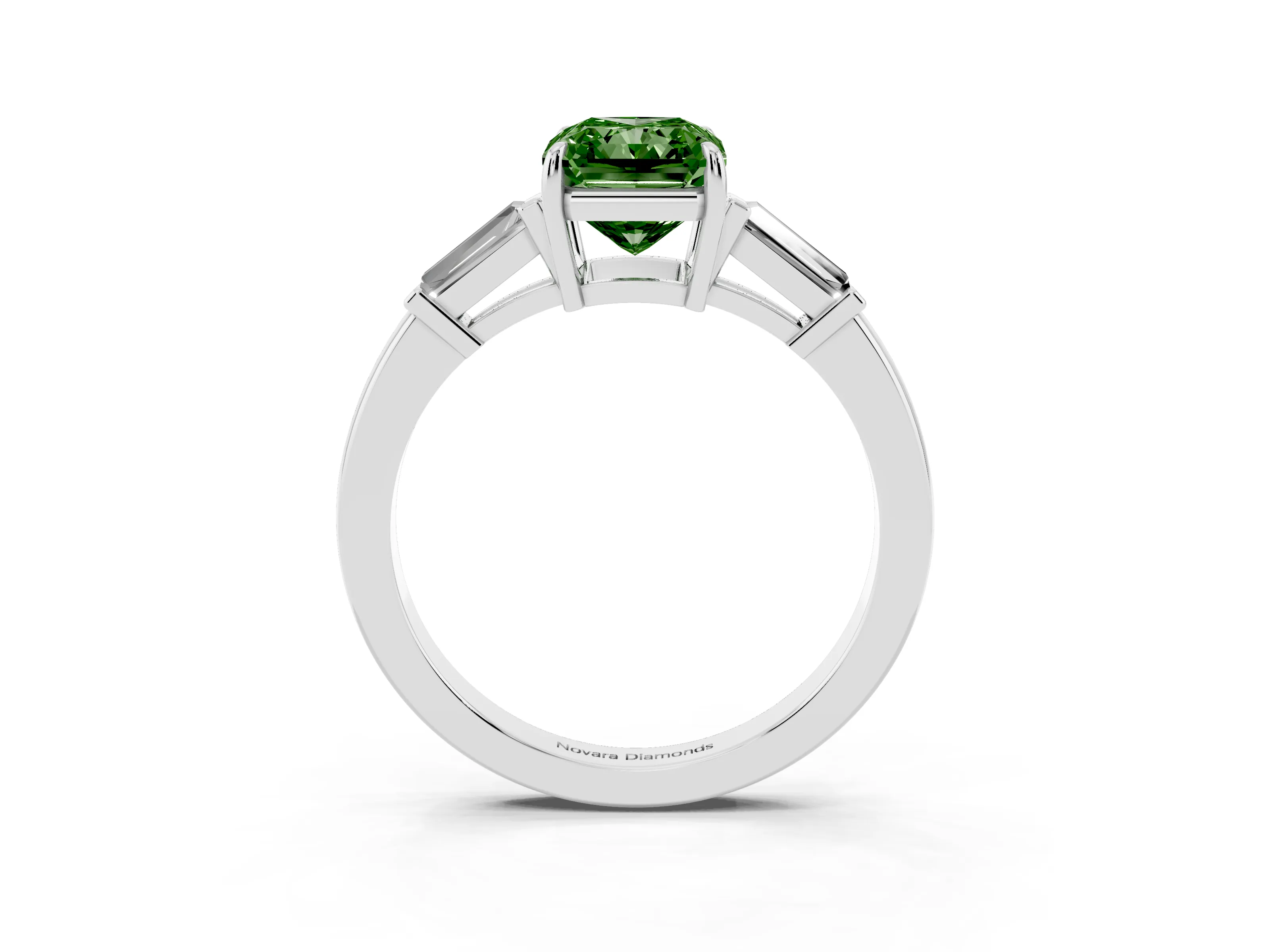 Fancy Green Radiant Cut Diamond Three-Stone Ring Set in Platinum with Tapered Baguette Side Stones and Prong Setting