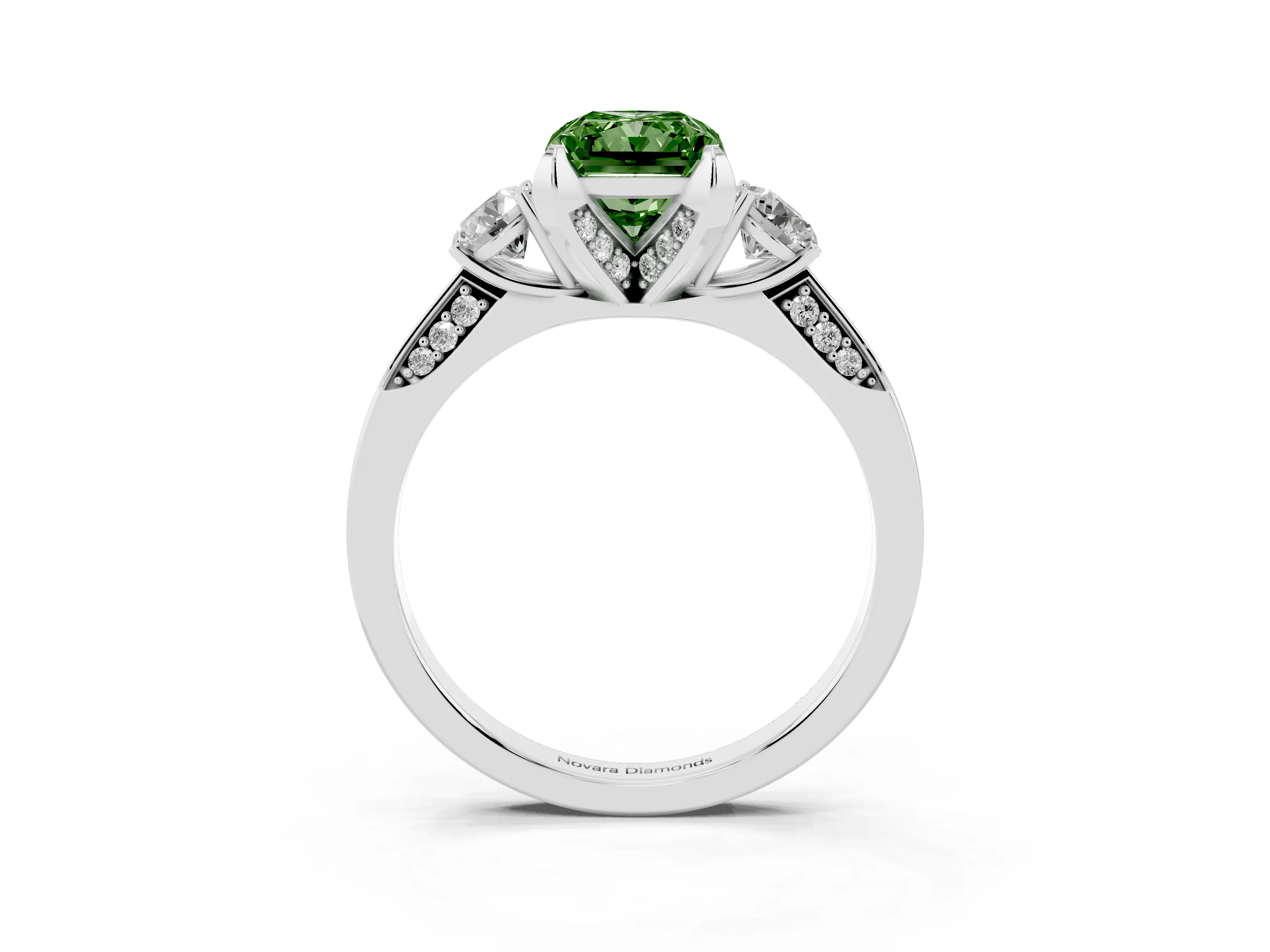 Fancy Green Radiant Cut Diamond Three-Stone Ring Set in Silver with Pavé Band and Smaller Side Stones