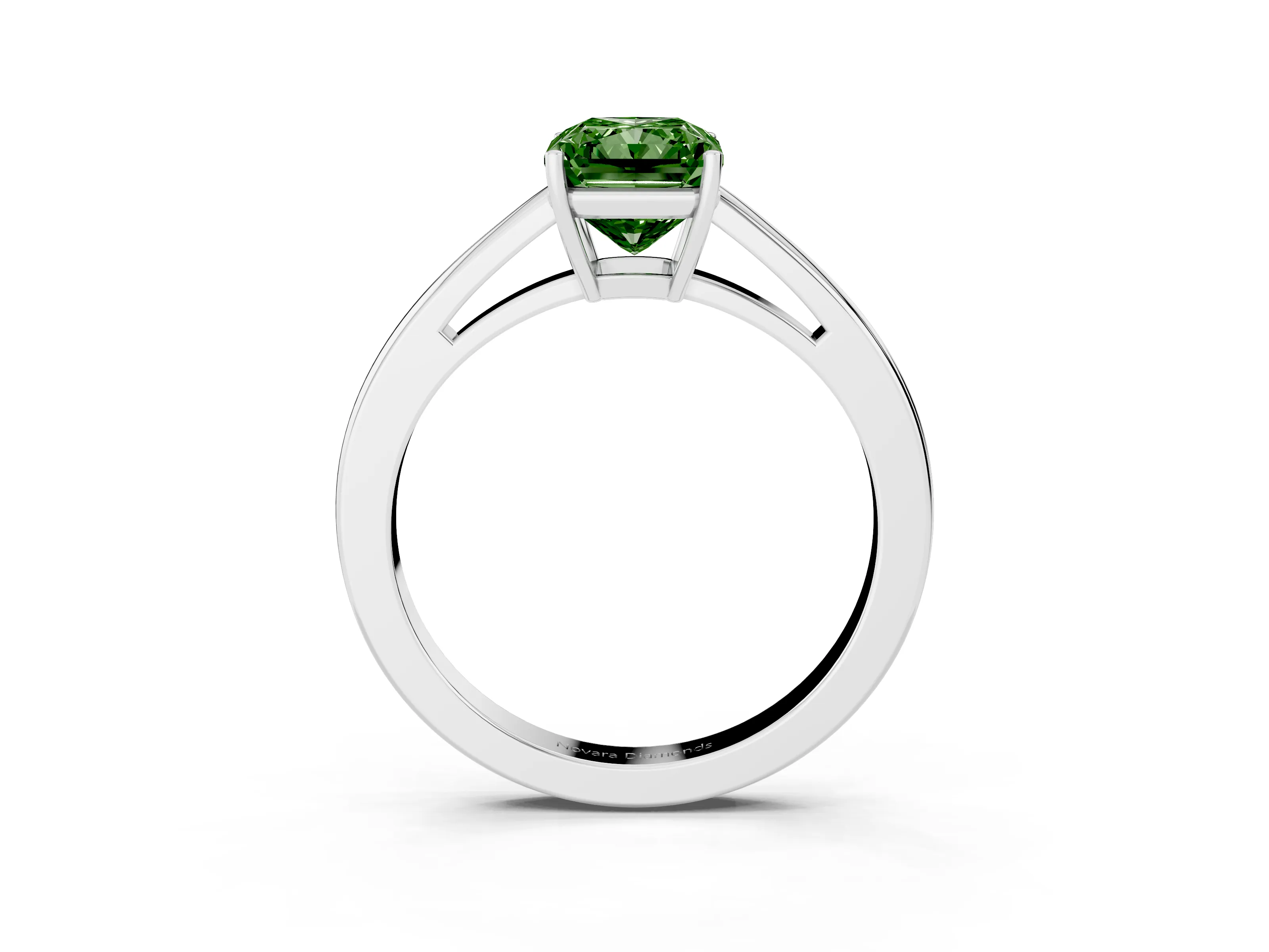 Fancy Green Radiant Cut Diamond Solitaire Ring Set in Silver with Split Shank and Prong Setting