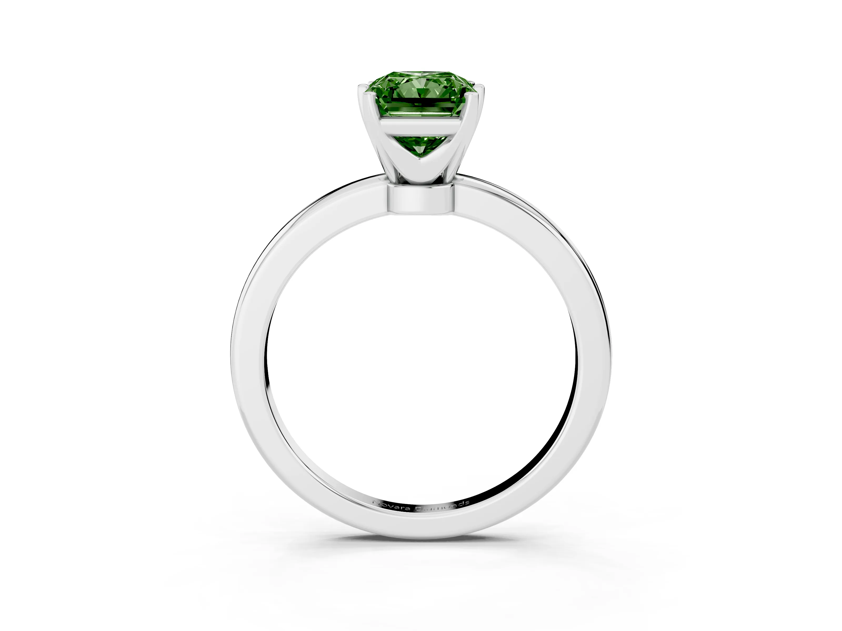 Fancy Green Radiant Cut Diamond Solitaire Ring Set in Silver with Raised Prong Setting on a Classic Band