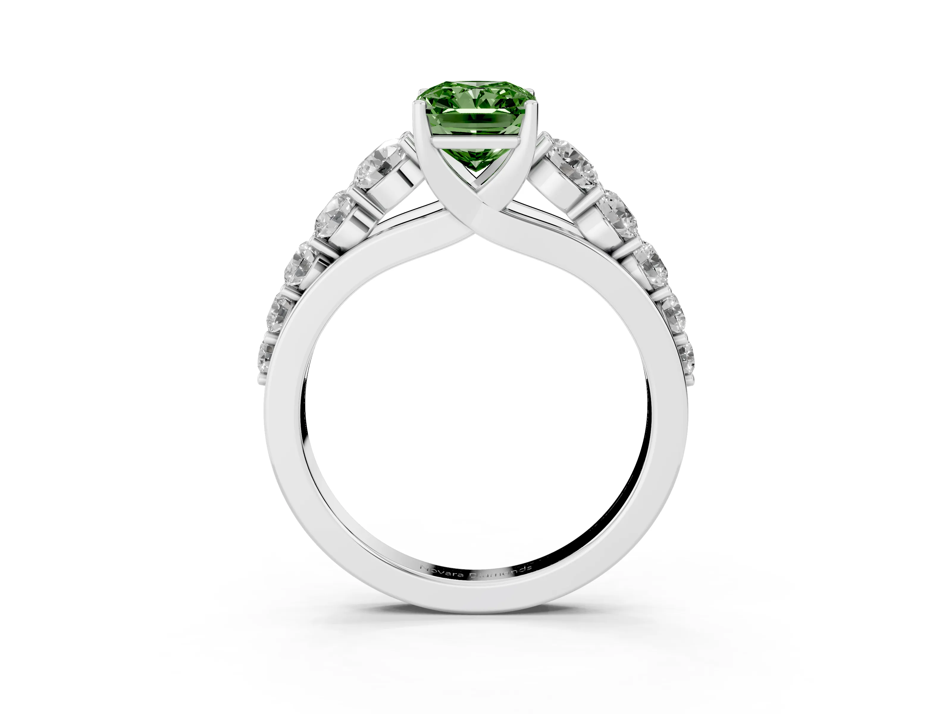 Fancy Green Radiant Cut Diamond Solitaire Ring Set in Platinum with Pavé-Set Band and Prong Setting