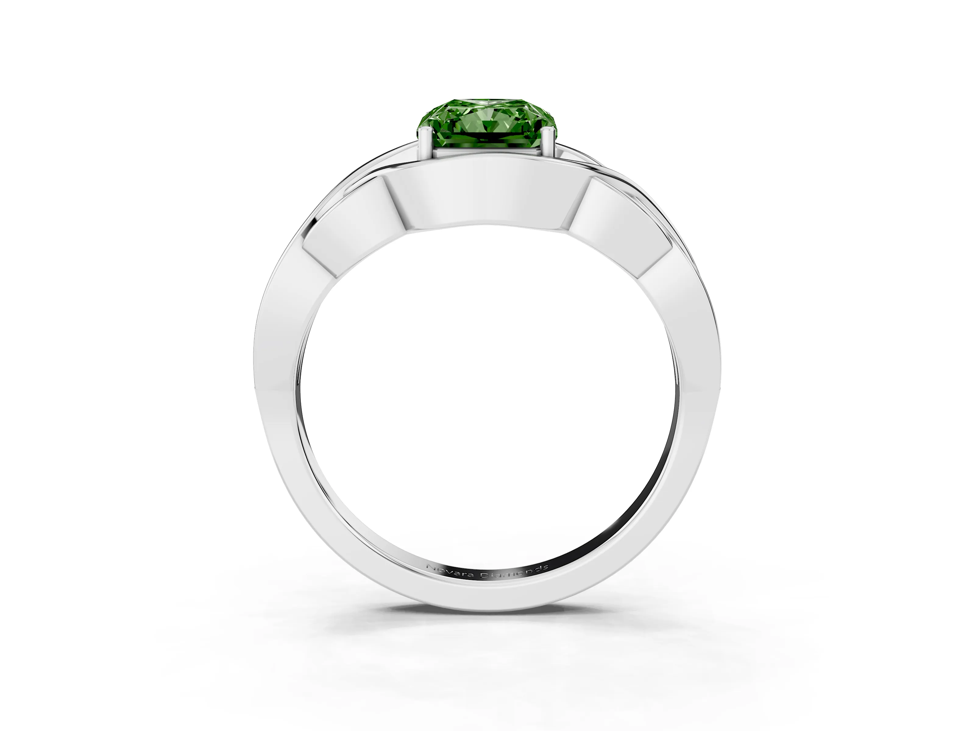 Fancy Green Radiant Cut Diamond Solitaire Ring Set in Silver with Intertwined Band