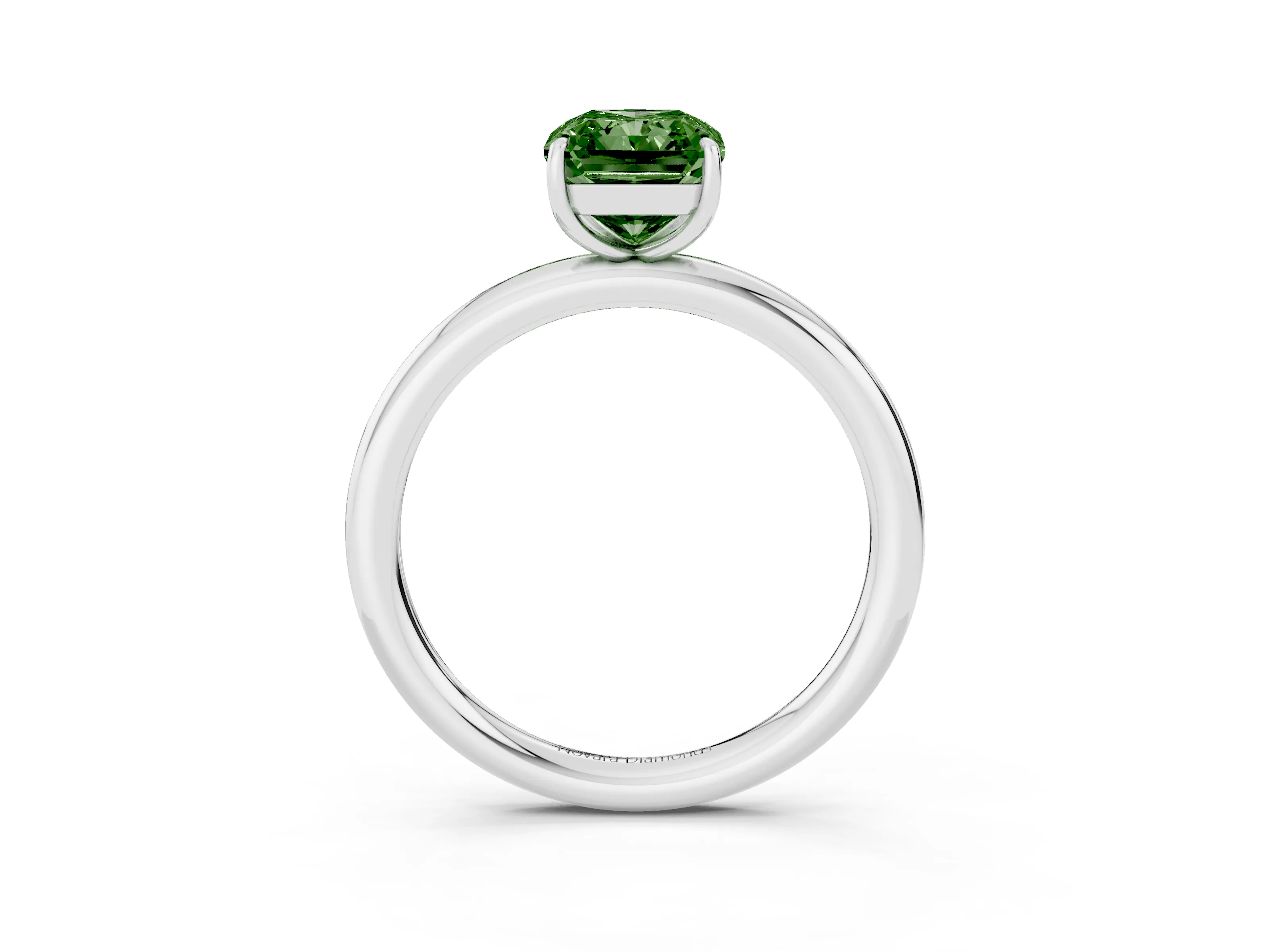 Fancy Green Radiant Cut Diamond Solitaire Ring Set in Silver with Prong Setting on a Polished Plain Band