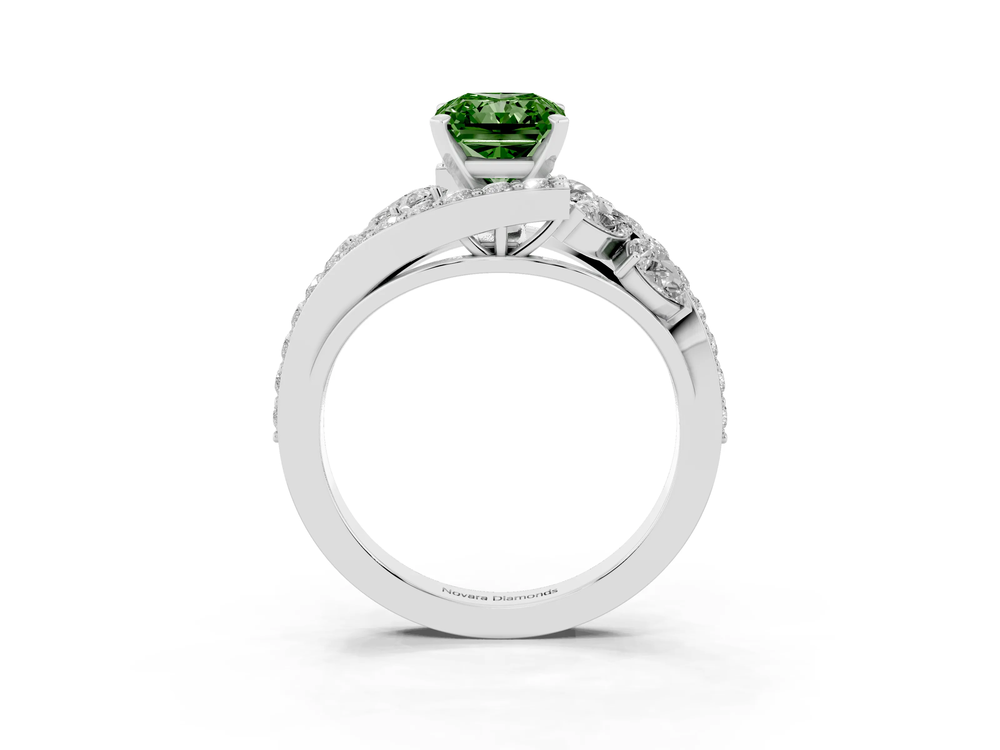 Fancy Green Radiant Cut Diamond Halo Ring Set in Silver with Marquise and Pavé Band in Prong Setting