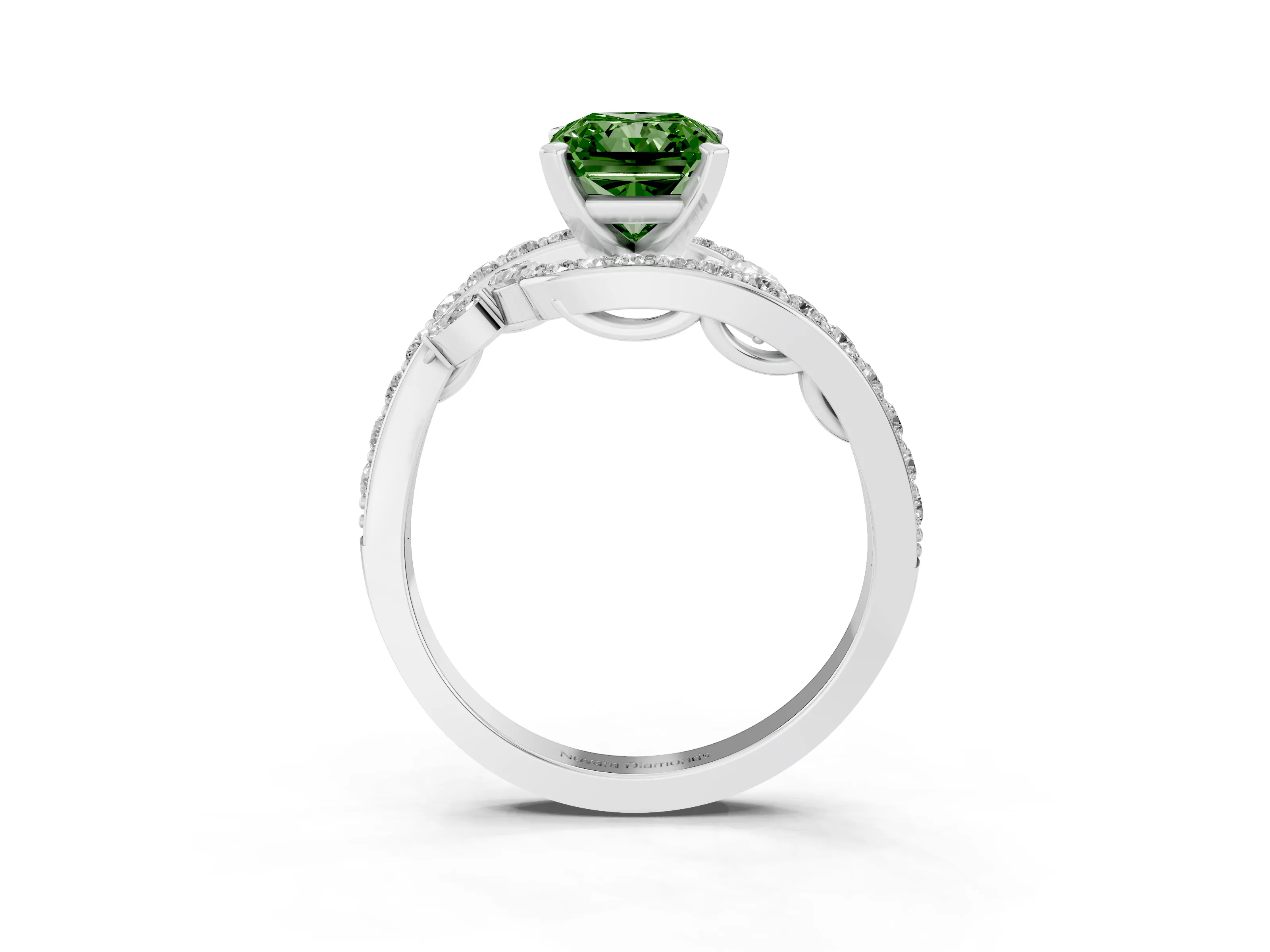 Fancy Green Radiant Cut Diamond Solitaire Ring Set in White gold with Pavé Twist Band and Secure Prong Setting