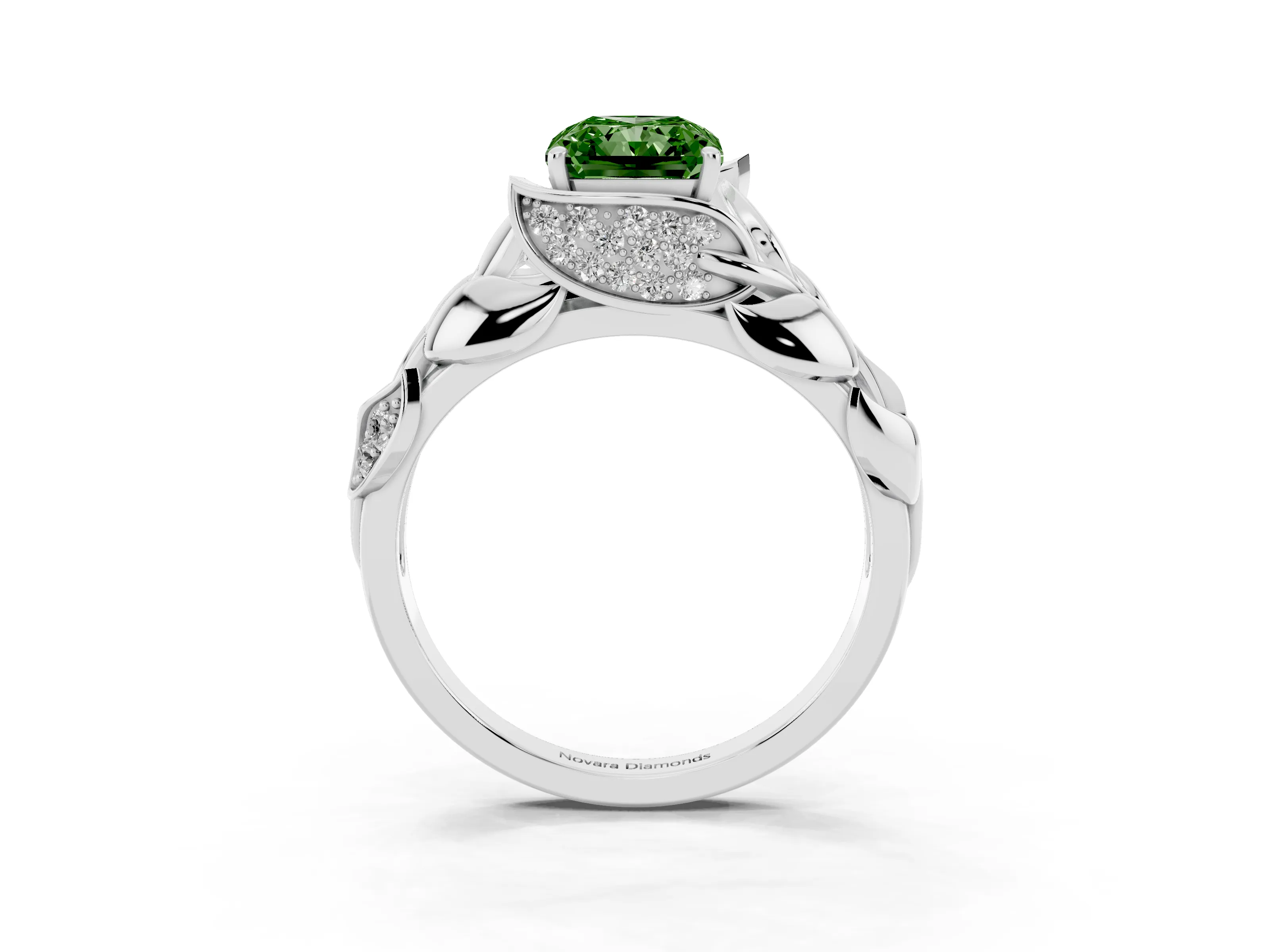 Fancy Green Radiant Cut Diamond Leaf-Inspired Engagement Ring Set in White gold with Round Accents