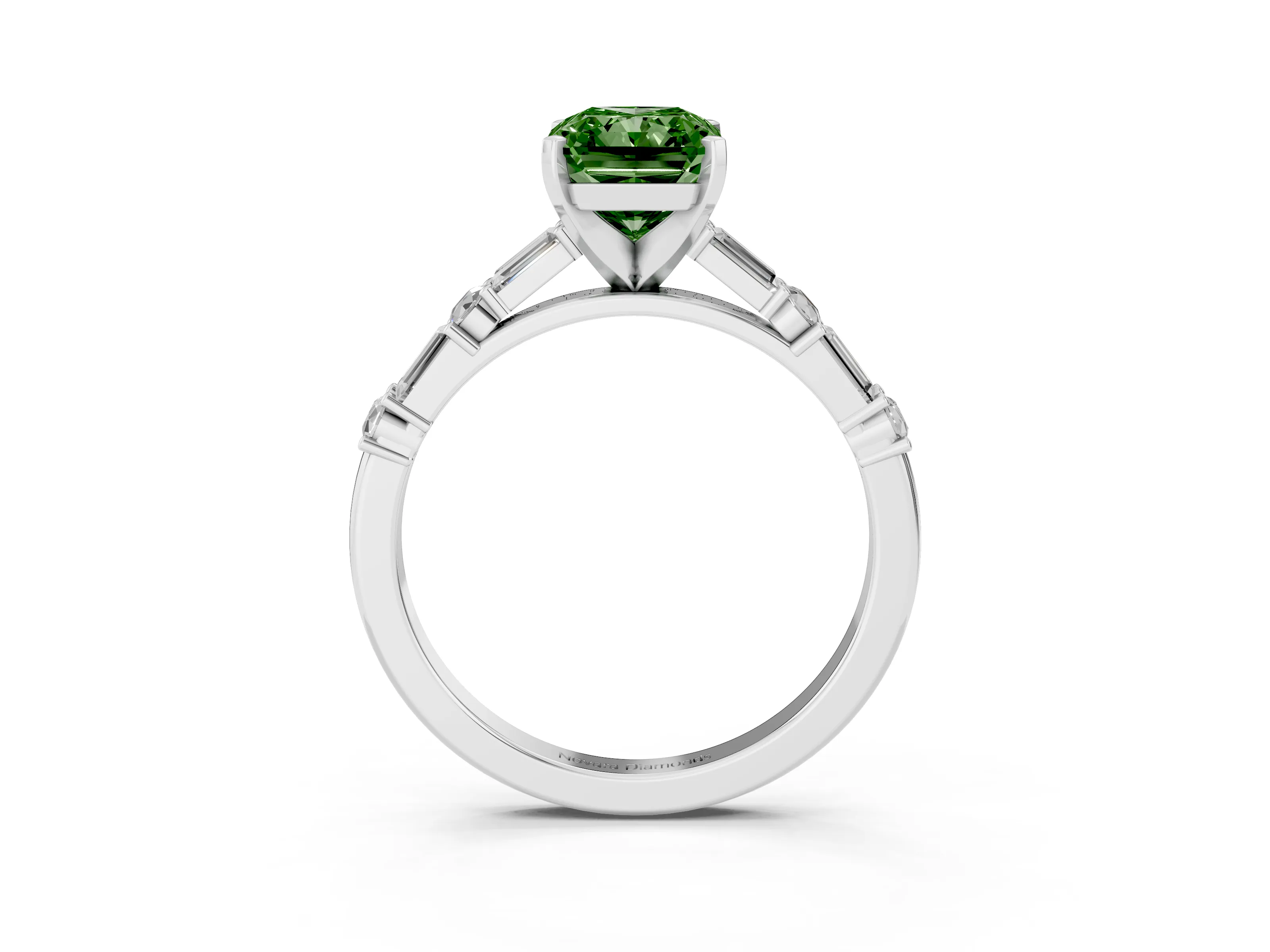 Fancy Green Radiant Cut Diamond Solitaire Set in Platinum with Side Baguettes and Channel Set Band