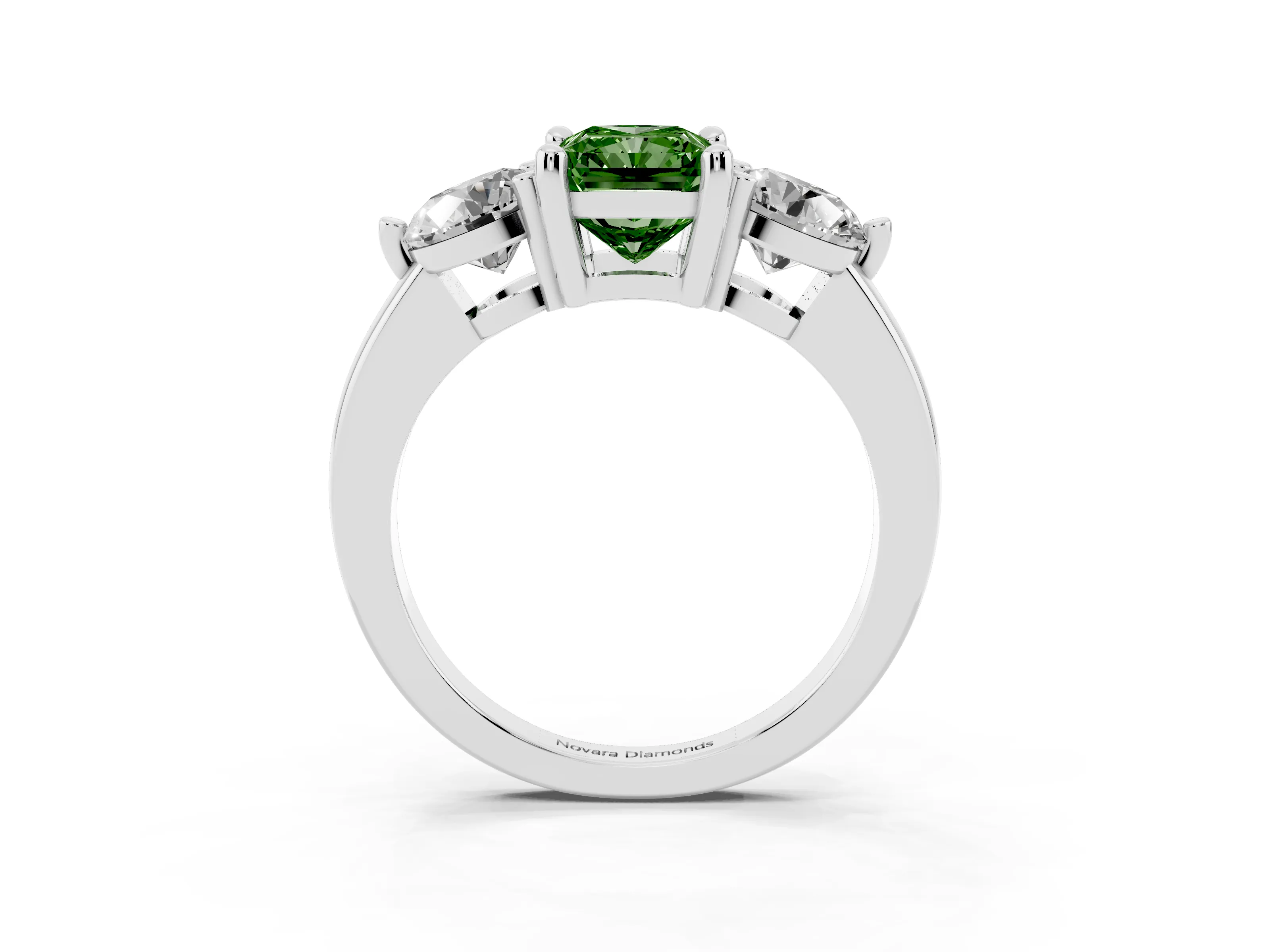 Fancy Green Radiant Cut Diamond Three-Stone Ring Set in Platinum with Prong Setting and Classic Band
