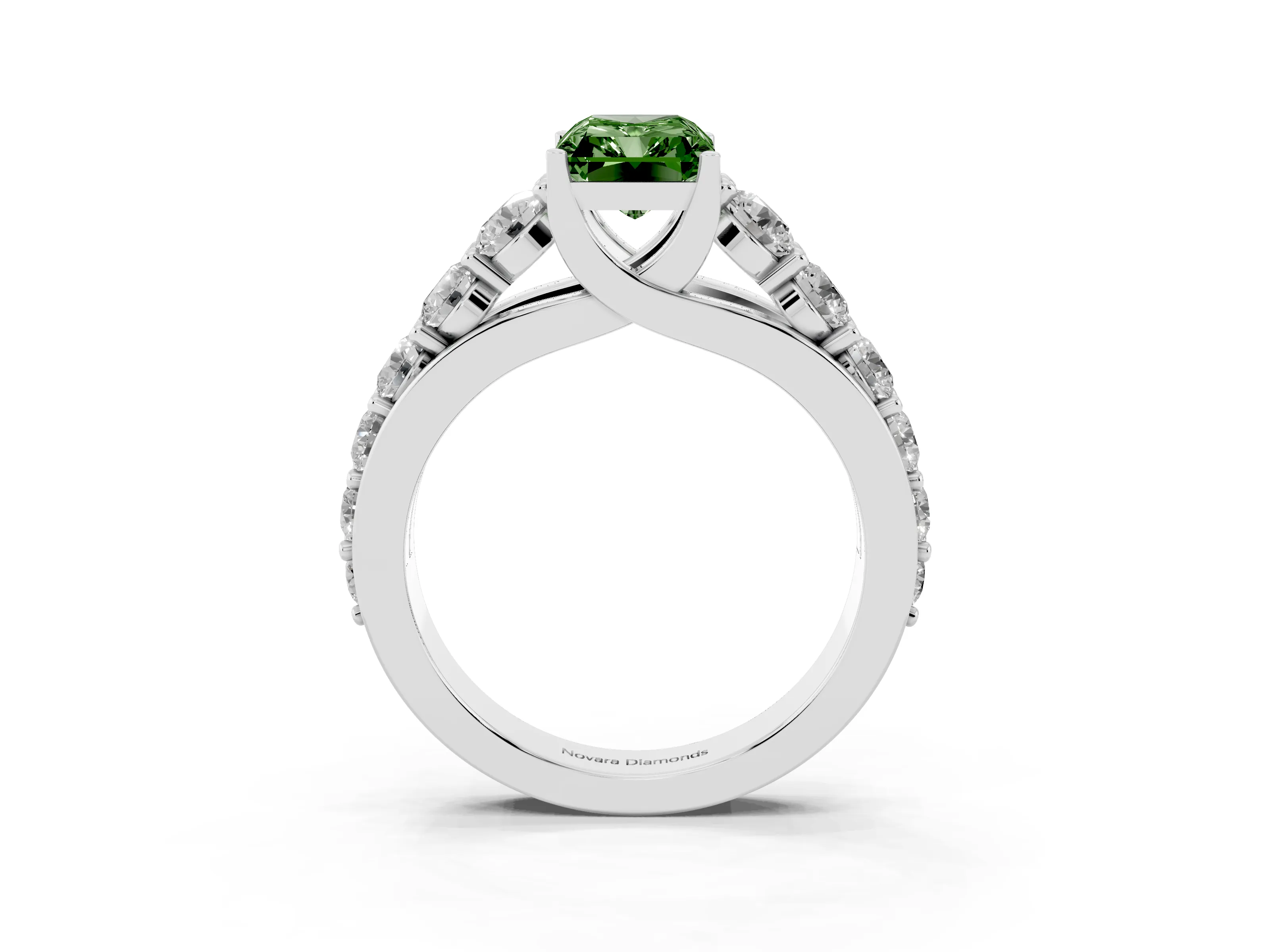 Fancy Green Radiant Cut Diamond Pavé Engagement Ring Set in Silver with Prong Setting
