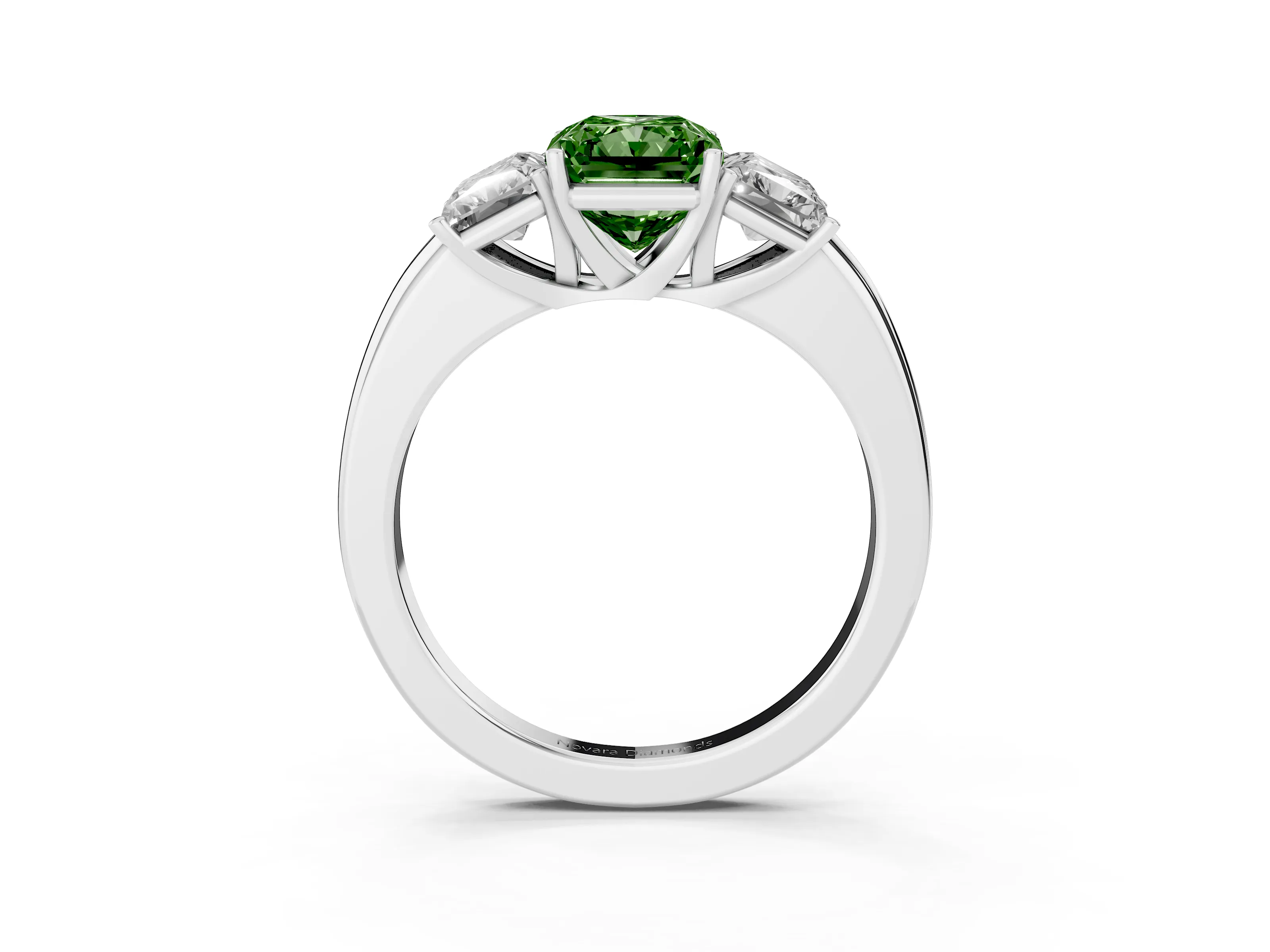 Fancy Green Radiant Cut Diamond Three-Stone Ring Set in Silver with Bold Center and Classic Band