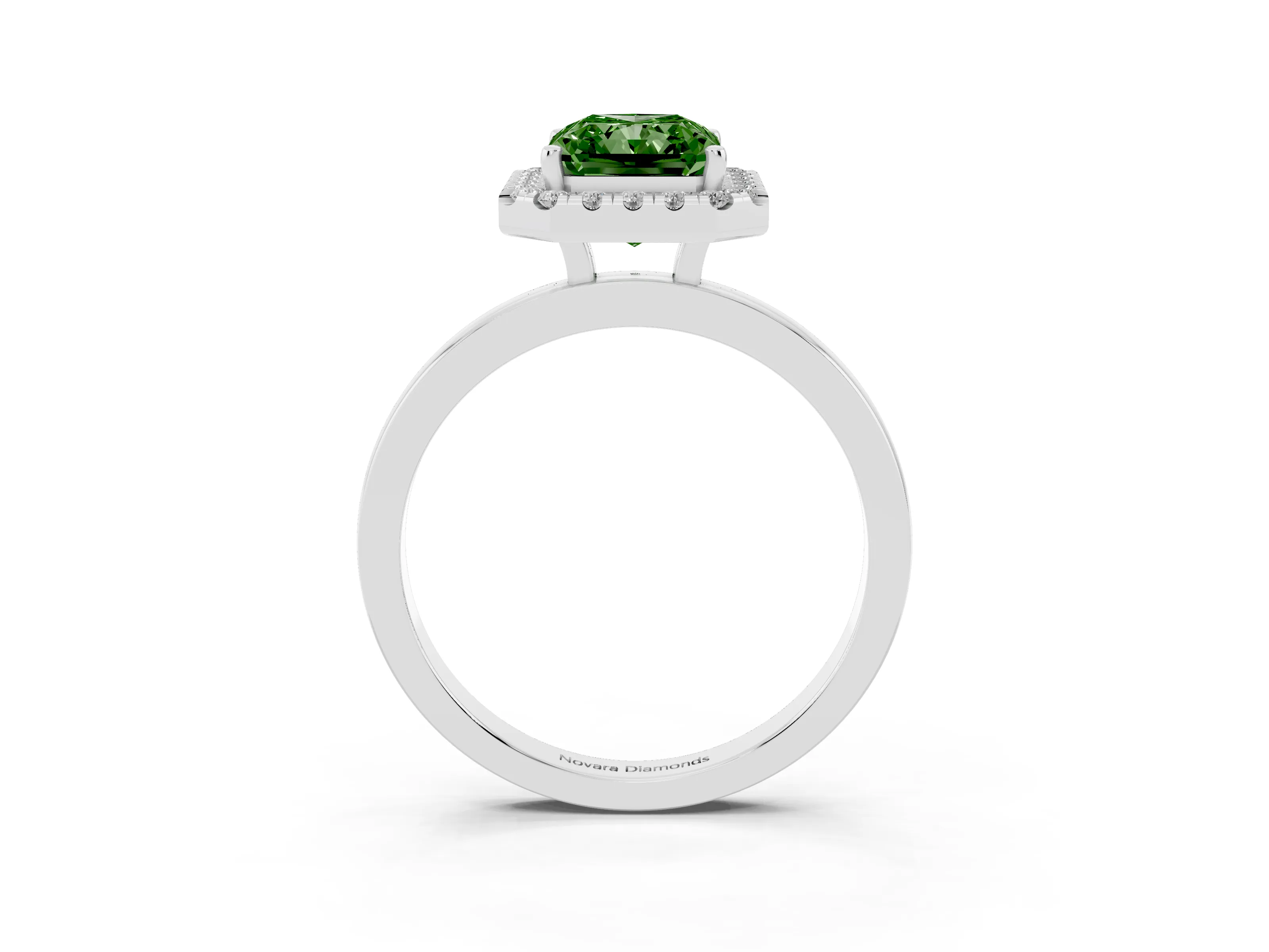 Fancy Green Radiant Cut Diamond Halo Solitaire Ring Set in Platinum with Pavé Band and Prong Setting