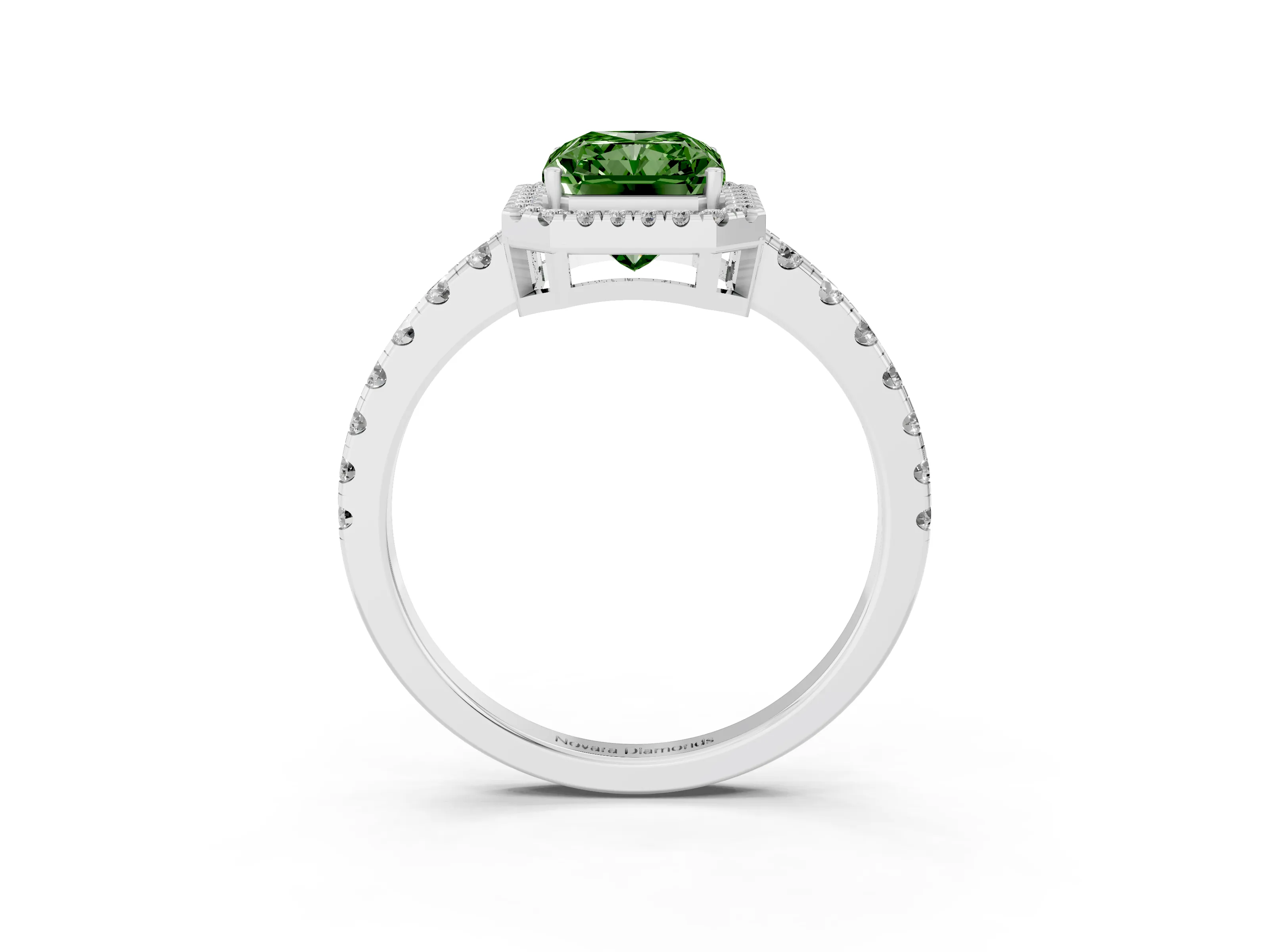 Fancy Green Radiant Cut Diamond Halo Ring Set in White gold with Delicate Pavé Band and Prong Setting