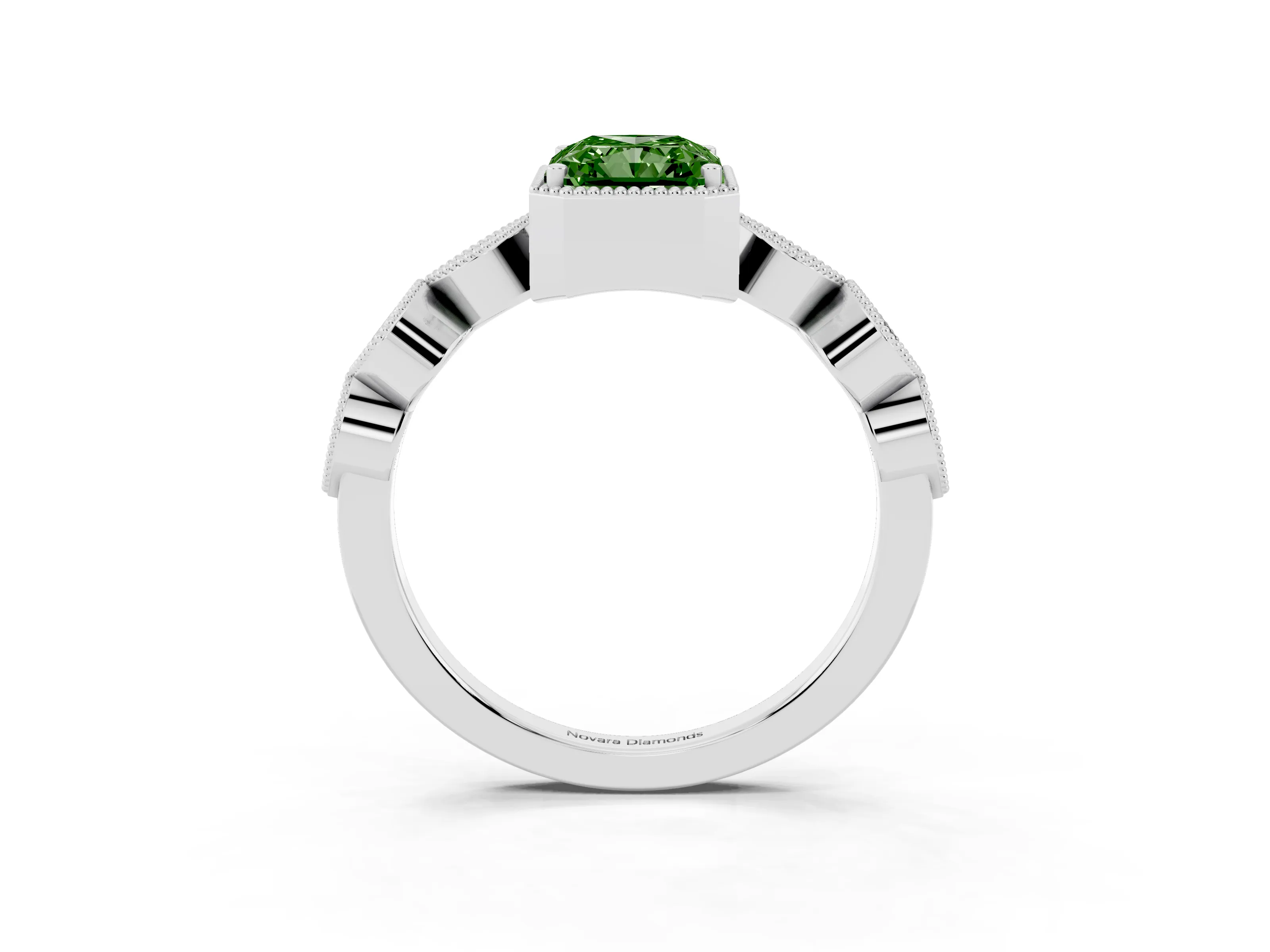 Fancy Green Radiant Cut Diamond Vintage-Inspired Milgrain Ring Set in Platinum with Marquise Stations of Round Accents